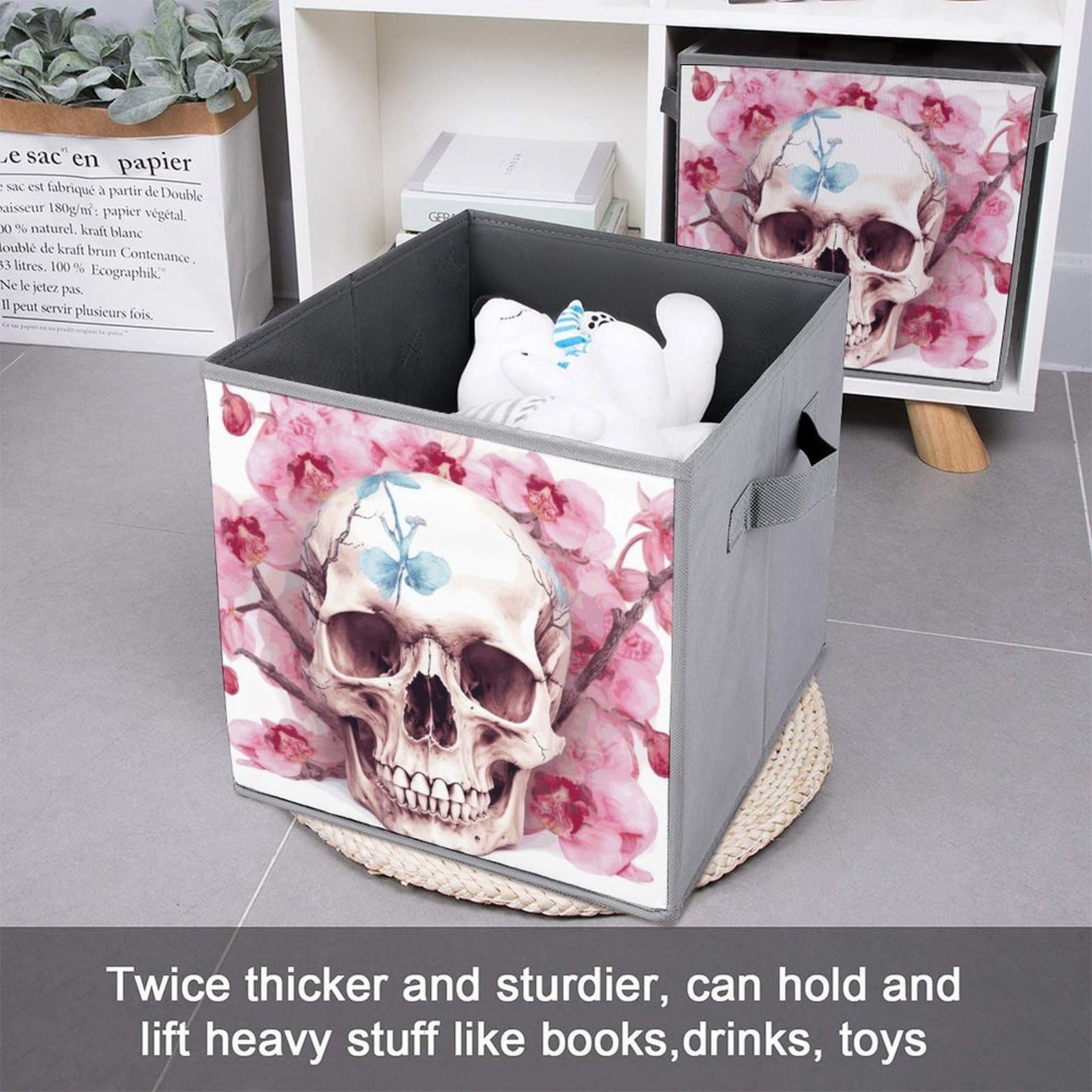 6PCS Collapsible Storage Bins with Handles - Skull & Pink Floral Printed Foldable Organizer Boxes for Home, Closet, Office & Shelf Organization | Space Saving Storage Solutions for Toys, Books & Household Items