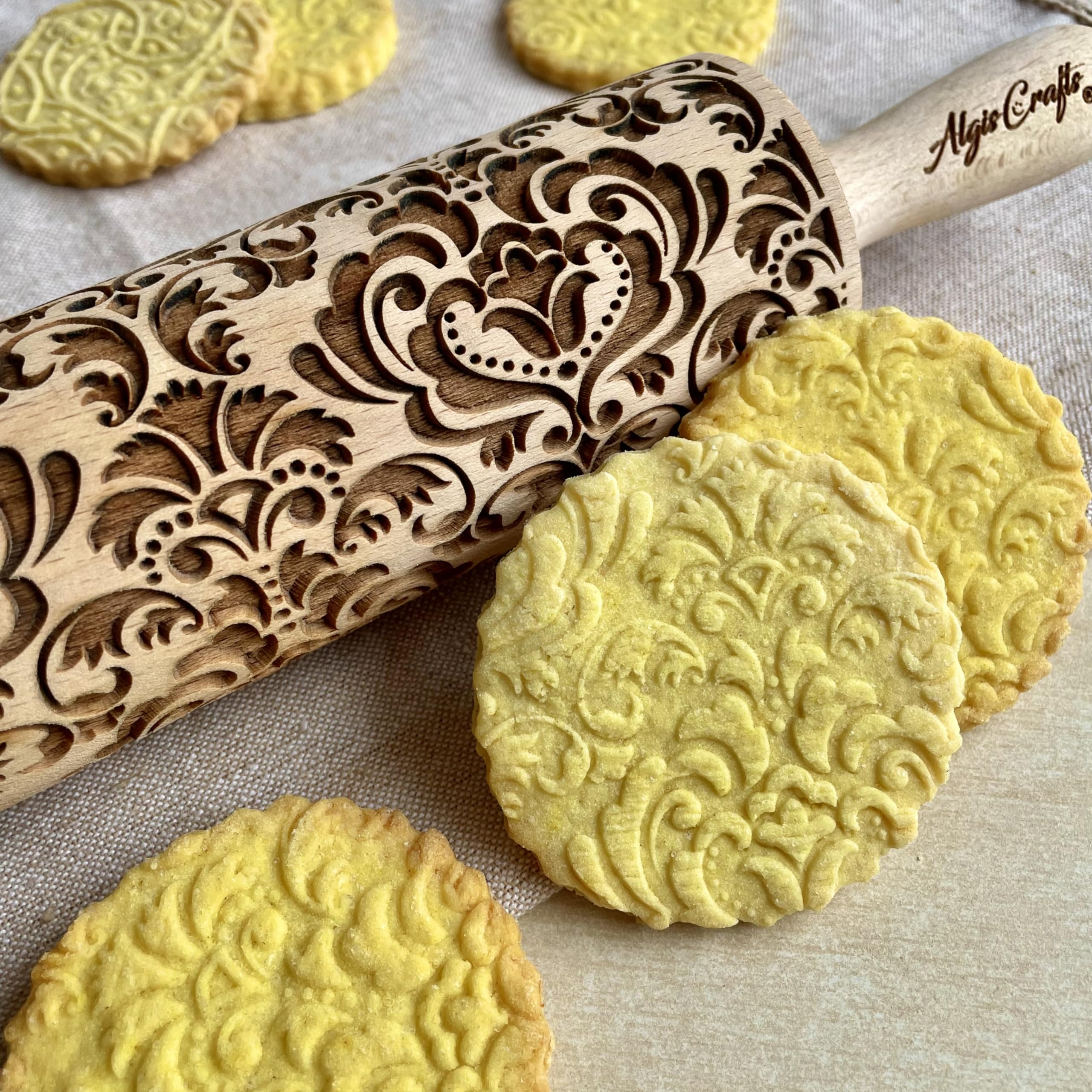 Algis Crafts Wooden Embossing Rolling Pin with Damask & Oriental Flower Pattern - Perfect for Homemade Cookies, Pottery, and Baking Decorations | Ideal for DIY Crafts, Wedding Favors, and Holiday Treats