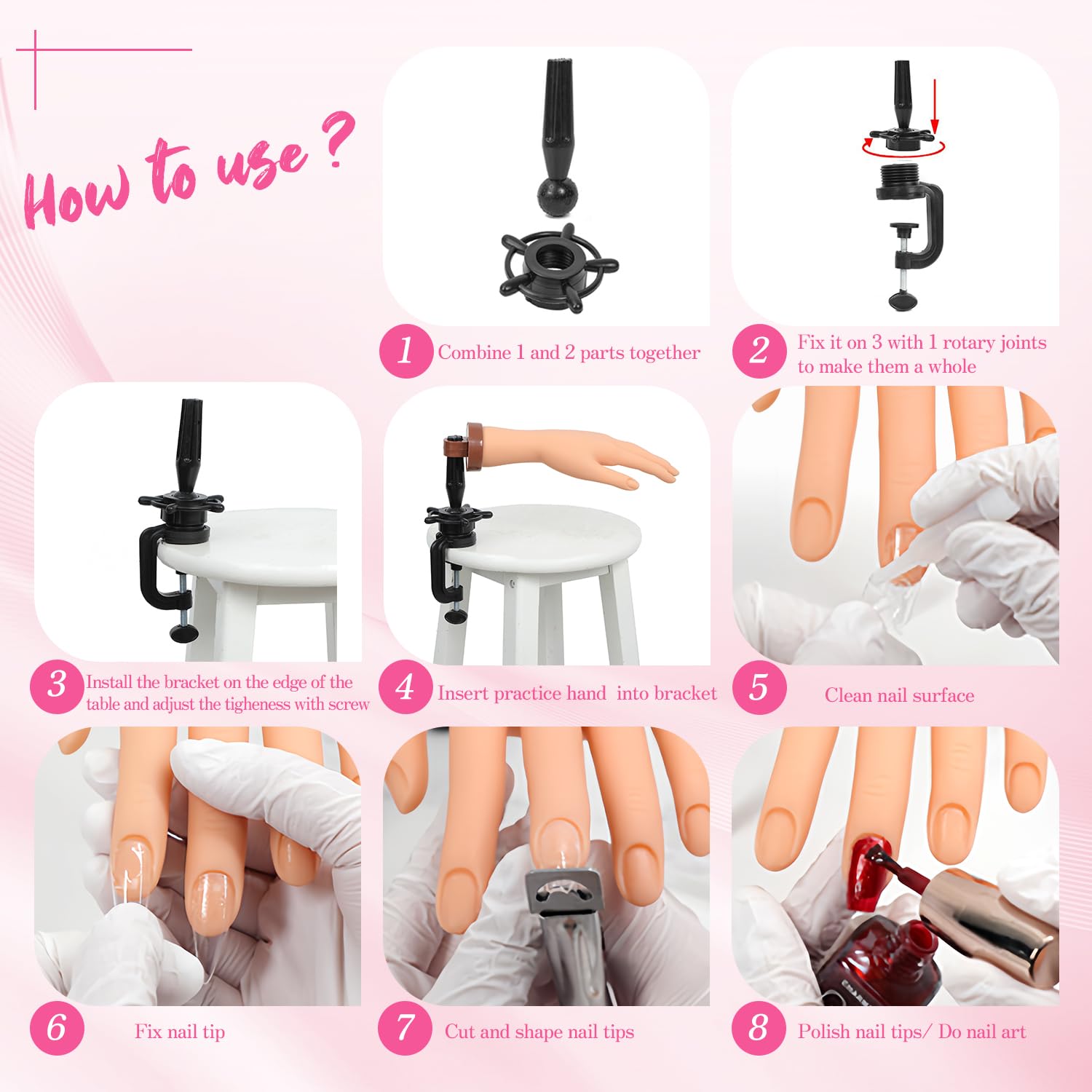 Professional Acrylic Nail Practice Hand - Flexible Bendable Mannequin Hand with Clamp Holder for Nail Art Training - Perfect for Beginners & Students - Ideal for Salon Practice, Home Learning & Nail Technician Certification Prep (Nude)