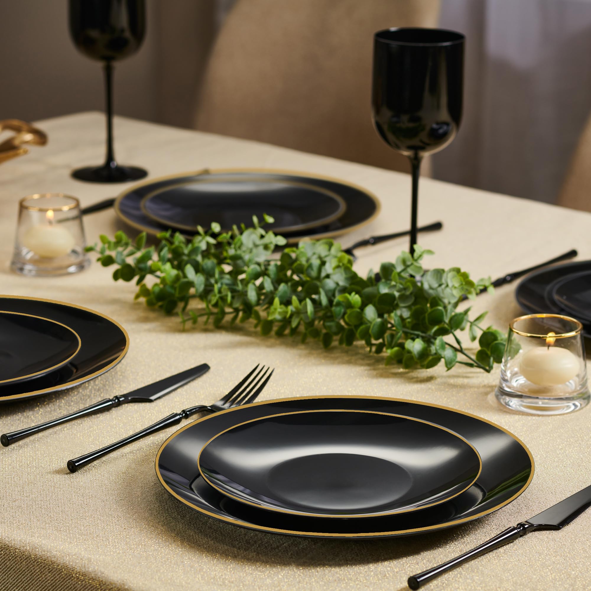 PLASTICPRO 32-Piece Combo Plate Set - 16x7'' Appetizer Plates & 16x10'' Dinner Plates - Elegant Black Plastic with Gold Rim Design - Heavyweight Disposable Party Tableware for Weddings, Catering & Outdoor Events