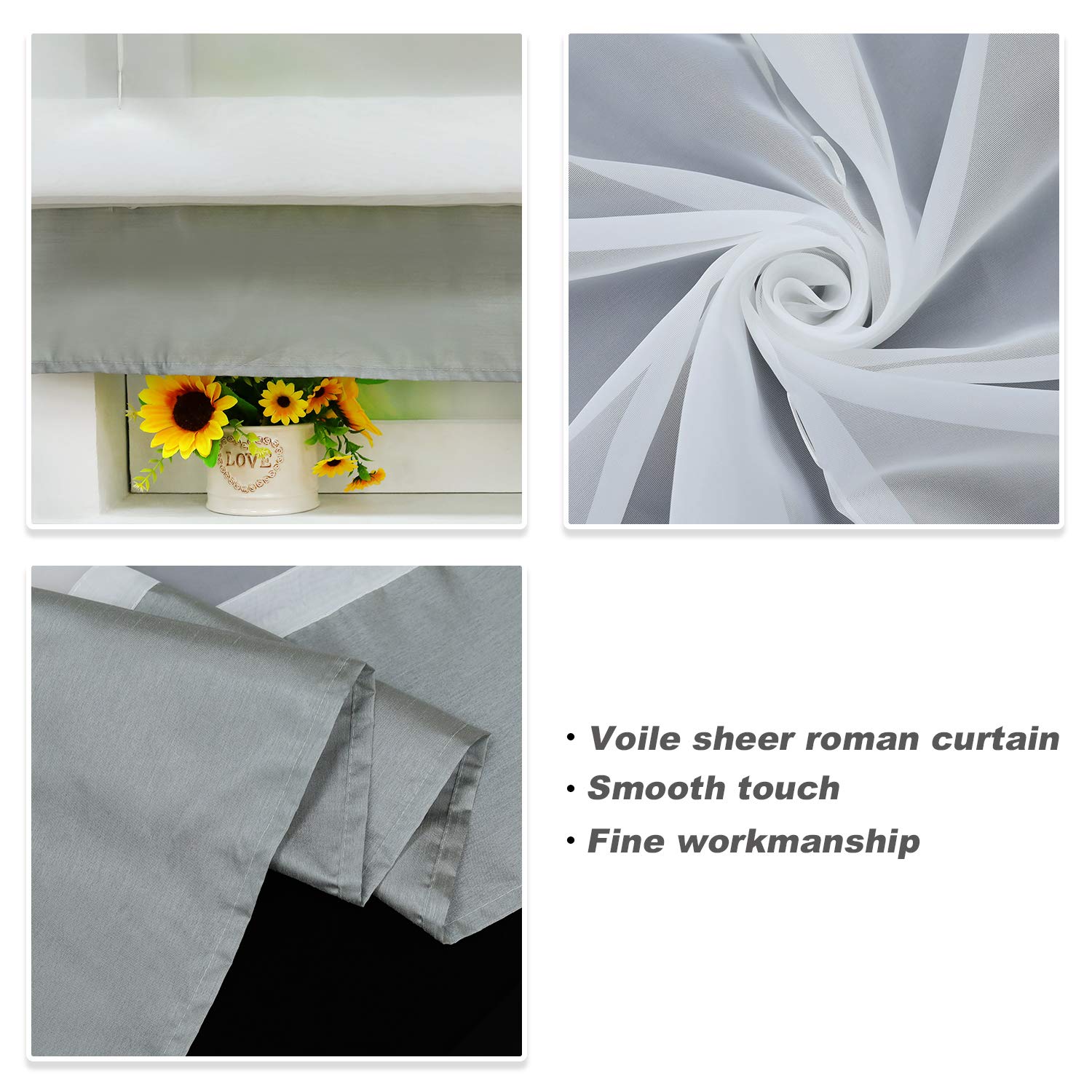Voile Window Curtain V-Hook Roman Shades - Light Filtering Sheer Drapes for Kitchen, Bedroom & Bathroom - 1 Panel (Grey, 23x61 inches) - Perfect for Privacy & Natural Light Control