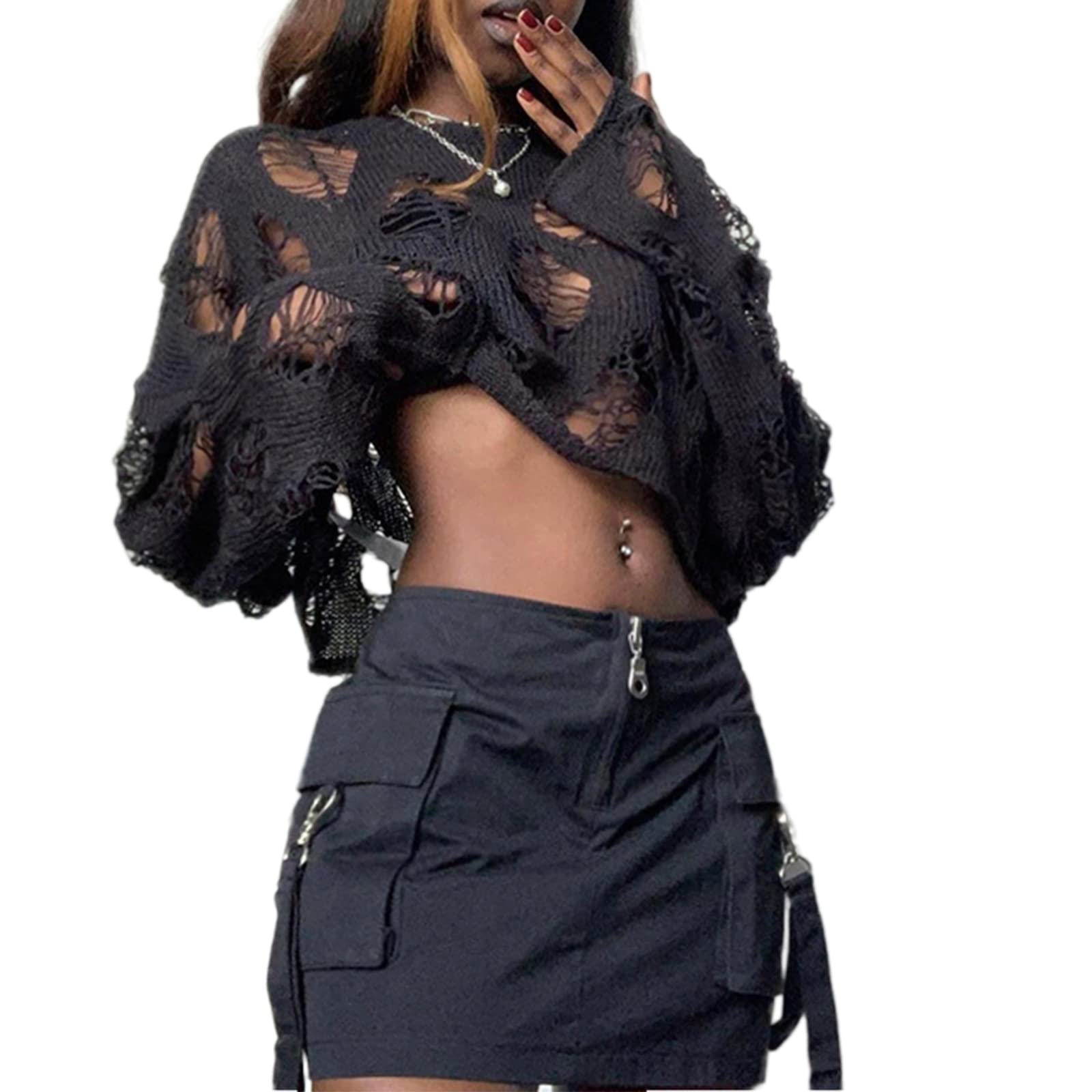 Y2K Women's Crochet Hollow Out Long Sleeve See-Through Loose Fit Pullover Top | Boho Chic Knitwear for Beach Parties, Music Festivals & Summer Outfits
