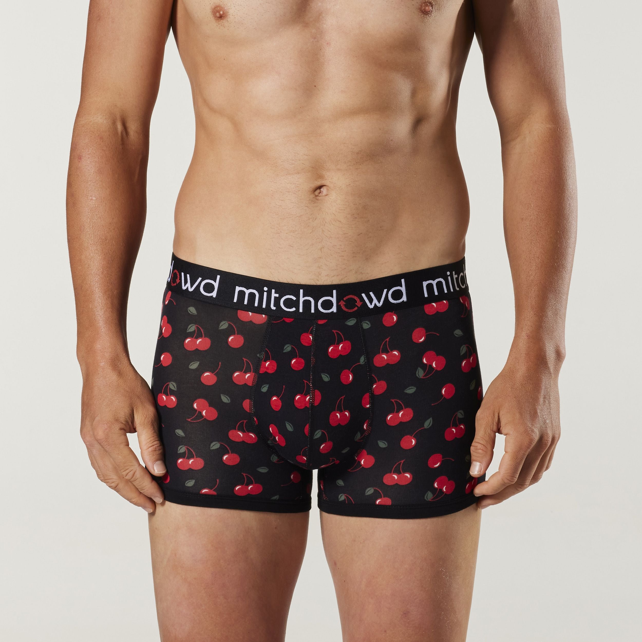 Men's Black Juicy Cherries Bamboo Mid-Length Trunk Underwear - Soft & Breathable for Everyday Comfort, Gym & Lounge Wear
