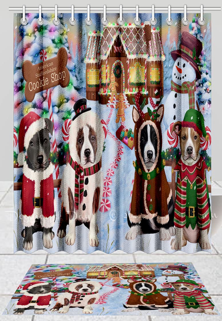 Gingerbread Cookie Shop American Staffordshire Dogs Shower Curtain & Bath Mat Set - Anti-Slip Bathroom Decor, Plush Rug, Polyester Bathtub Curtain with Hooks (Mat 20x32in, Curtain 72x84in) - Perfect for Christmas Themed Bathrooms & Dog Lover Home Decor