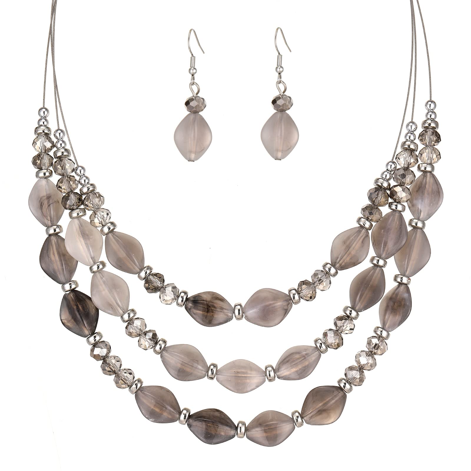 3-Layer Chunky Statement Necklace for Women - Beaded Bohemian Necklace Set with Matching Earrings - Fashion Jewelry Gift for Her - Perfect for Parties, Weddings & Date Nights