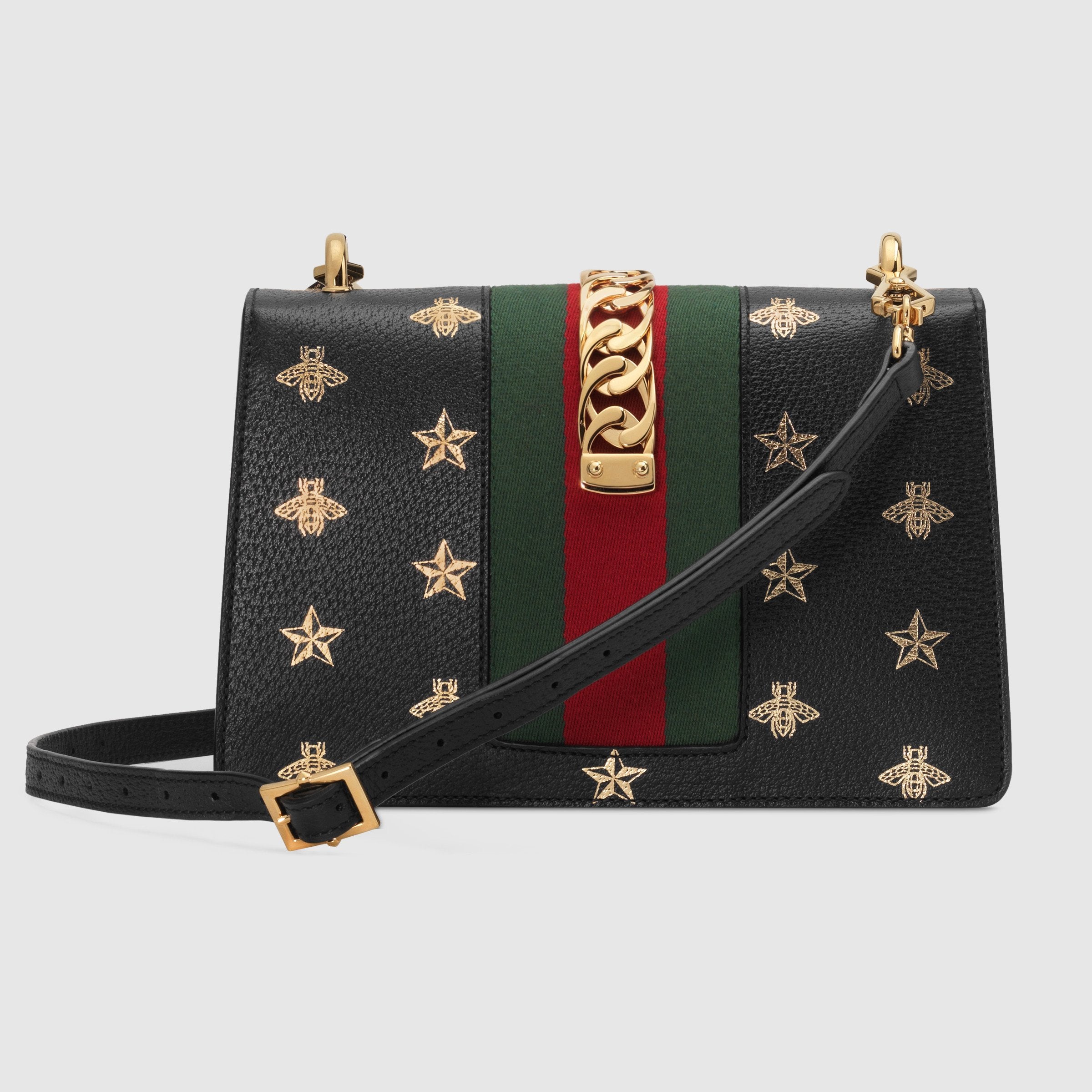 Gucci Sylvie Bee Star Small Shoulder Bag for Women - Luxury Black Leather Crossbody Purse with Gold Chain Strap, Perfect for Date Night, Parties & Special Occasions