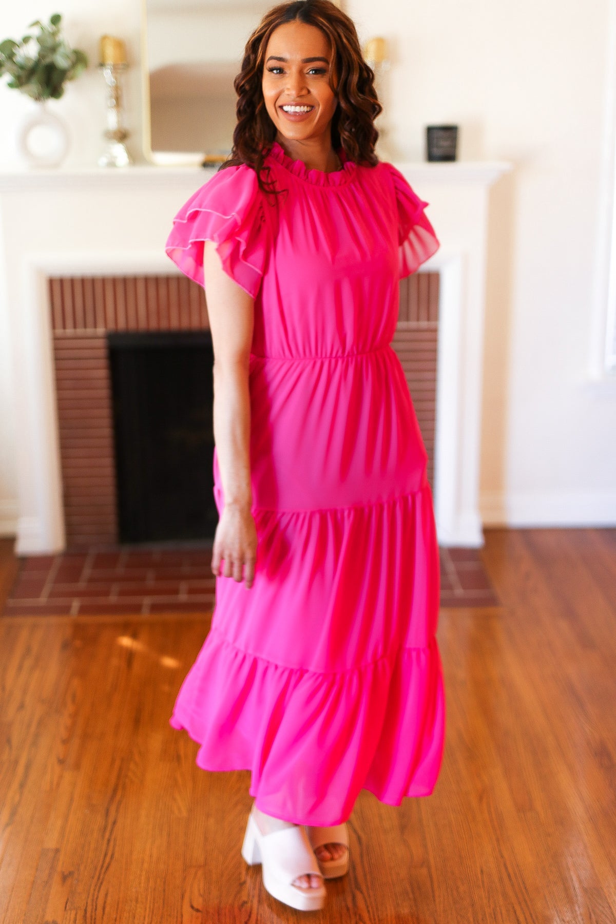 Haptics Perfectly You Hot Pink Mock Neck Tiered Chiffon Maxi Dress for Women - Elegant Formal & Party Wear, Wedding Guest Outfit, Evening Gown