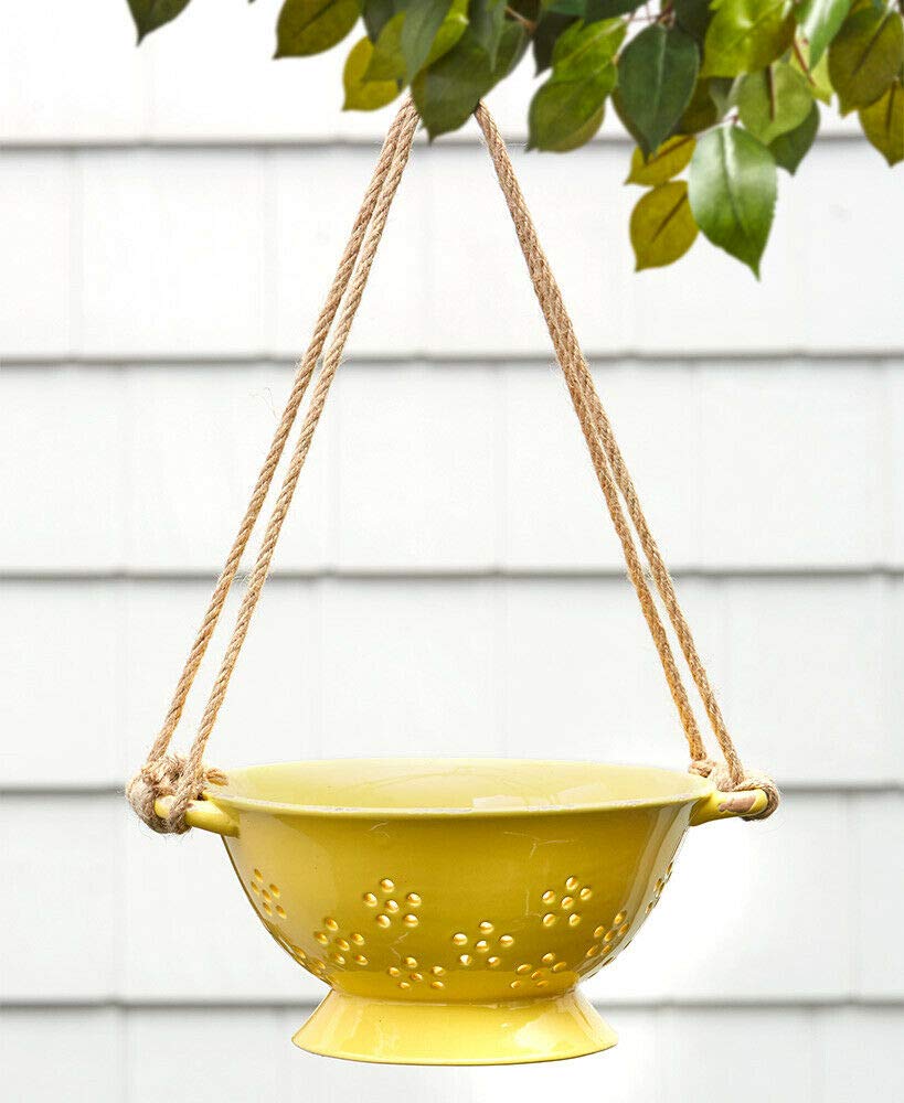 Vintage Yellow Distressed Ceramic Colander - Hanging Flower Planter Basket for Kitchen, Garden & Home Decor (Blue, Yellow, White) | Perfect for Herbs, Succulents & Small Plants