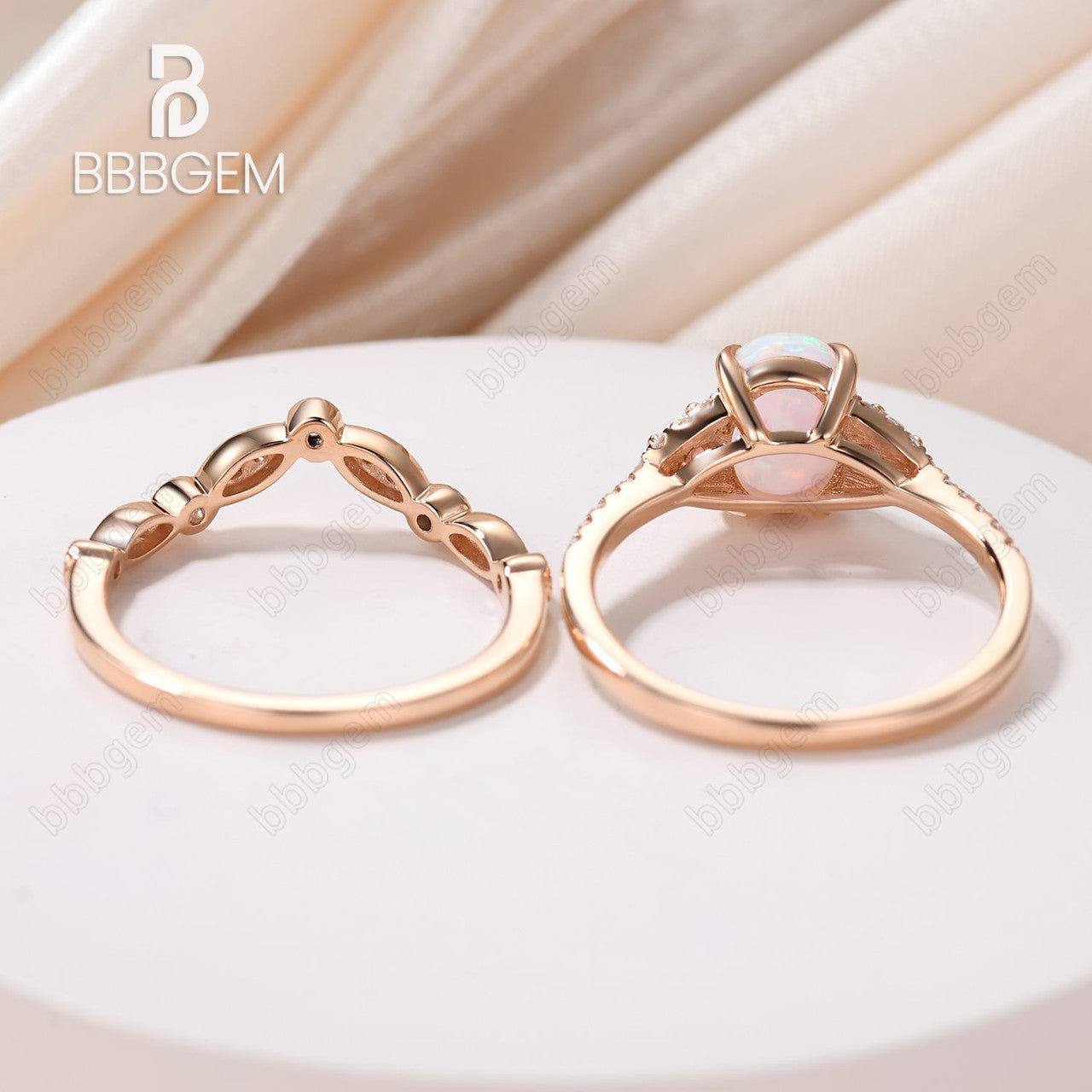 Three Stone Oval Opal Wedding Engagement Ring Set in Rose Gold with Diamond Matching Band - Perfect for Proposals, Anniversaries & Bridal Jewelry