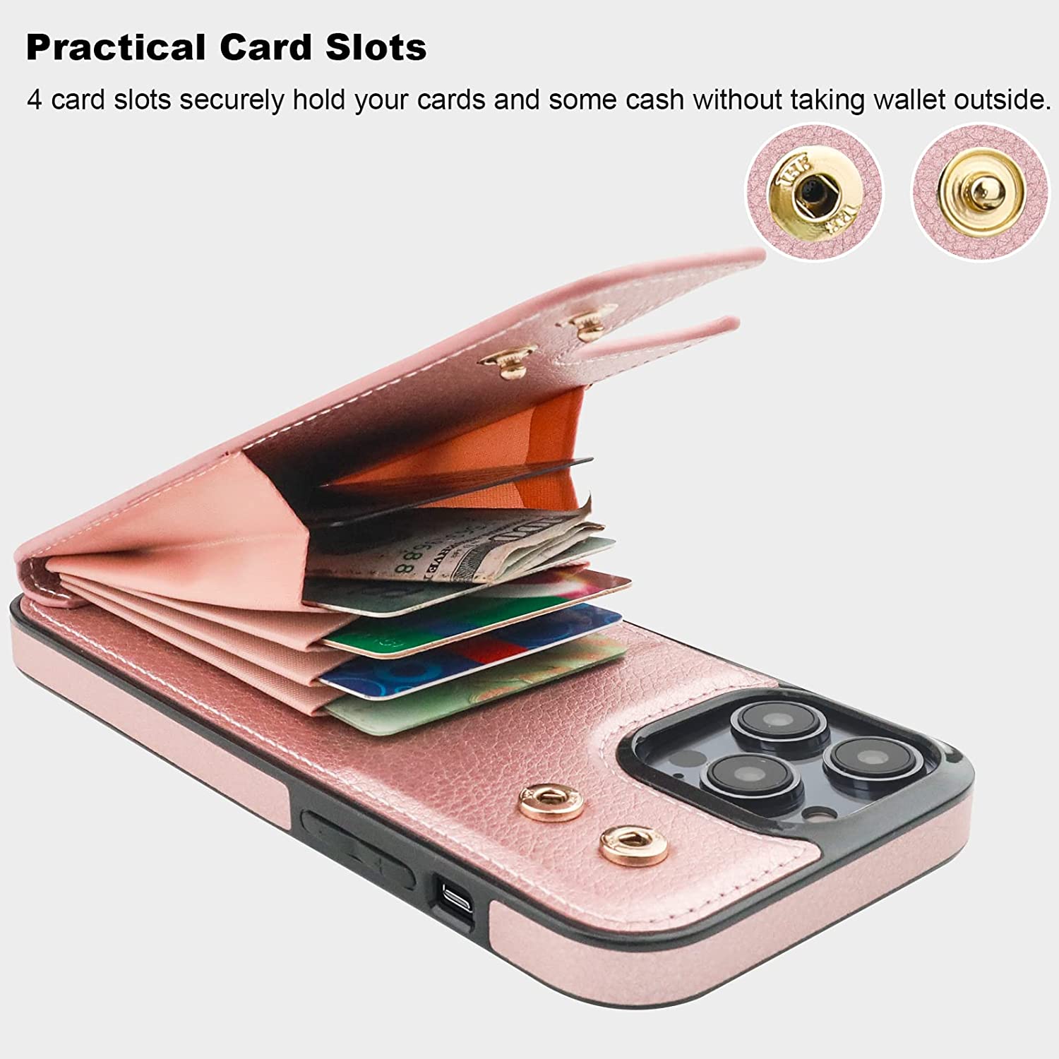 iPhone 14 Pro Max Wallet Case with Card Holder & 360° Rotating Finger Ring - Rose Gold | Slim Protective Cover for Everyday Use & Travel
