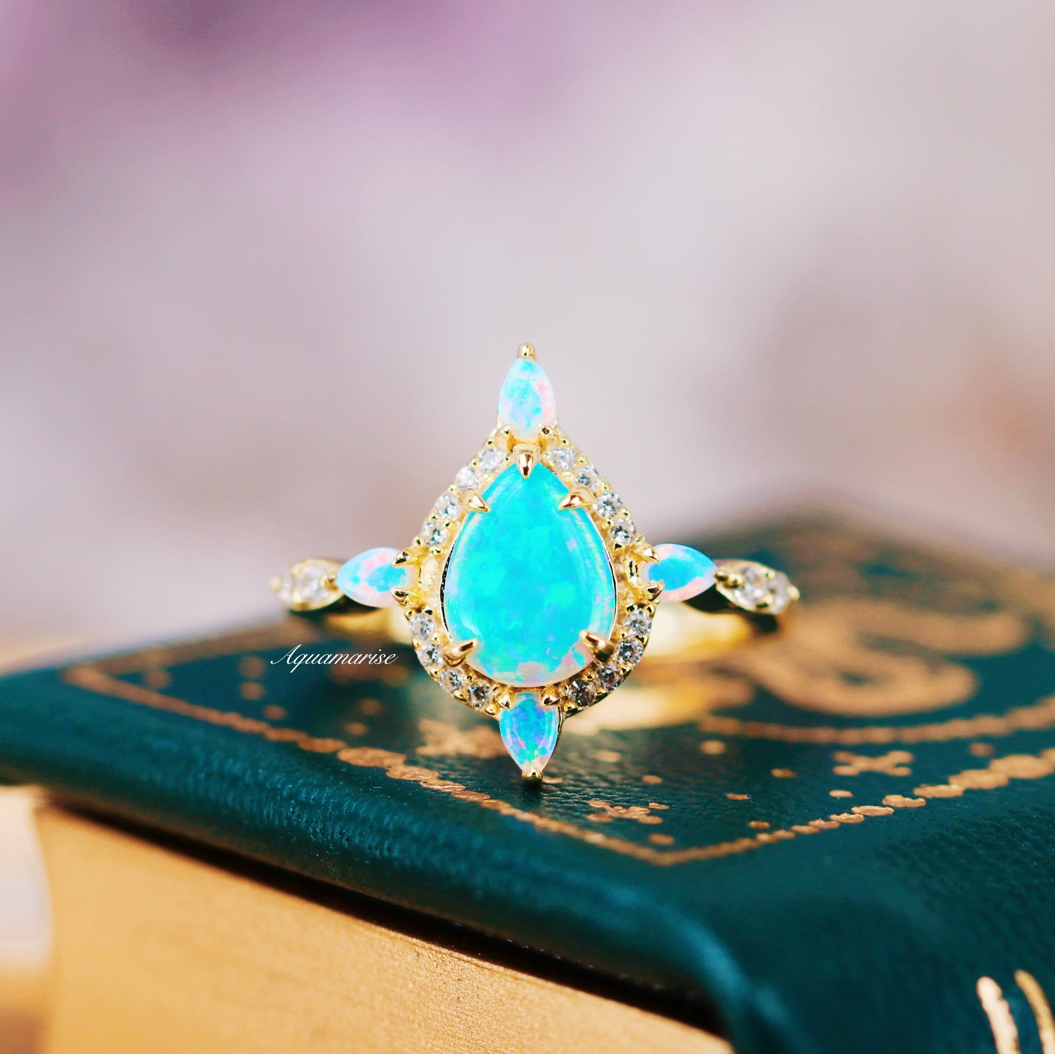 Blue Fire Opal Engagement Ring - 14K Yellow Gold Vermeil for Women | Elegant Wedding, Anniversary & Promise Ring | Perfect for Proposals & Special Occasions