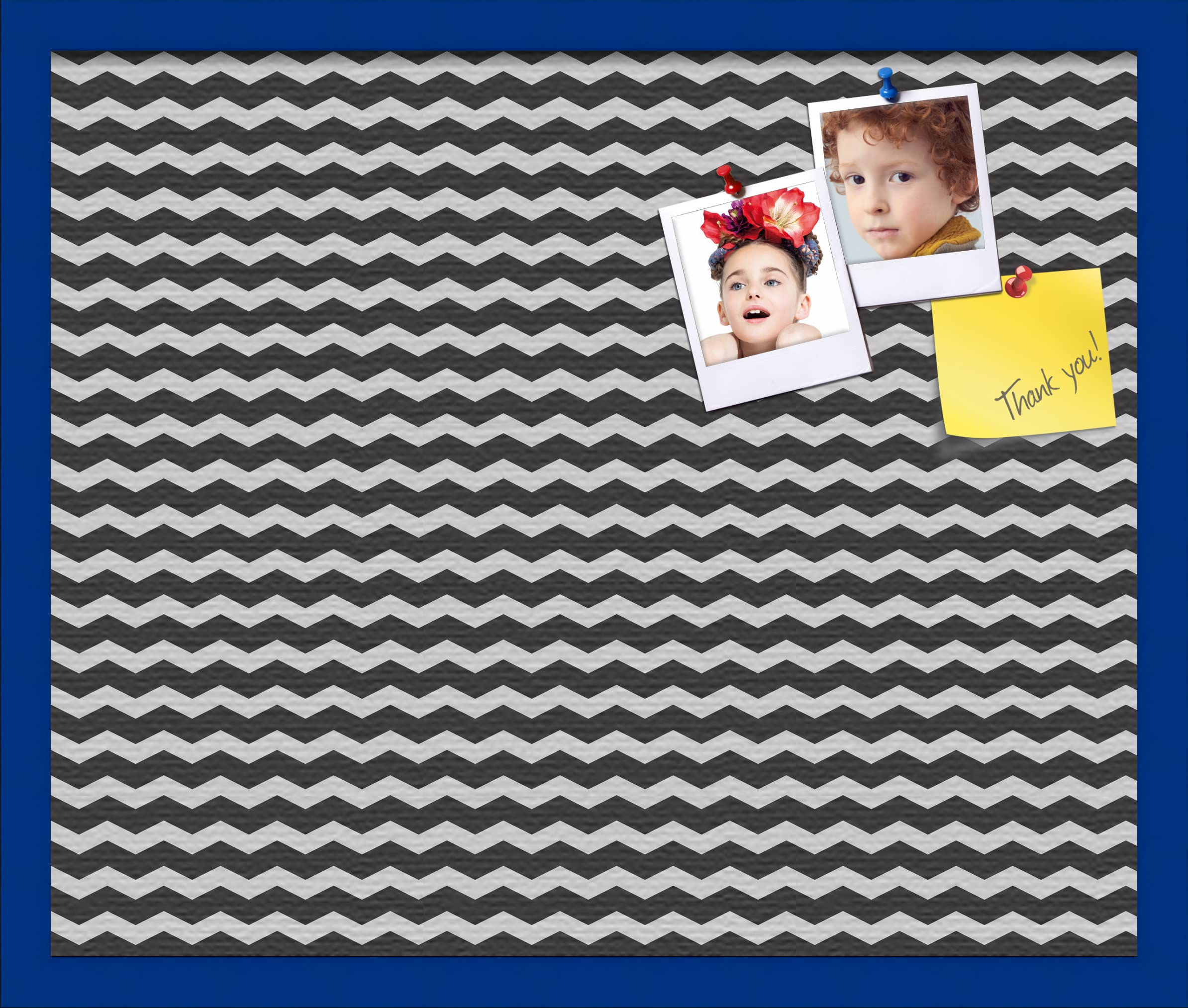 PinPix 24x20 Inch Cork Bulletin Board - Black & White Chevron Design with Blue Stained Beech Frame | Home Office Decor, Message Board, Classroom Organization, Kitchen Memo Board (PinPix-118)