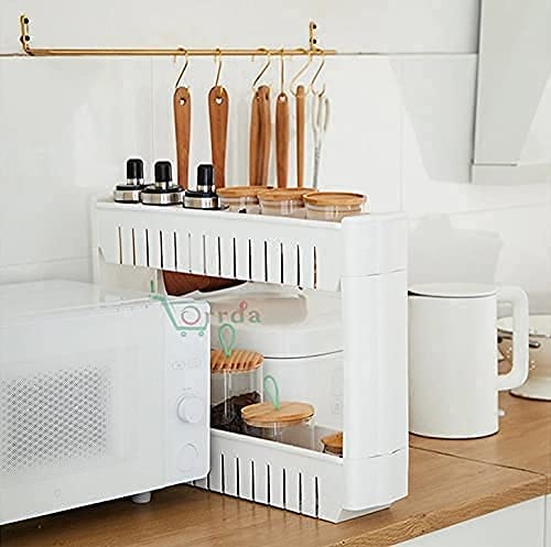 OANGO 2 Tier Kitchen Rack with Wheels - Space Saving Multipurpose Storage Organizer, Slim Slide Out Kitchen Trolley Shelf for Kitchen, Bathroom, Bedroom Organization (White) | Perfect for Small Spaces, Pantry Storage & Clutter-Free Countertops