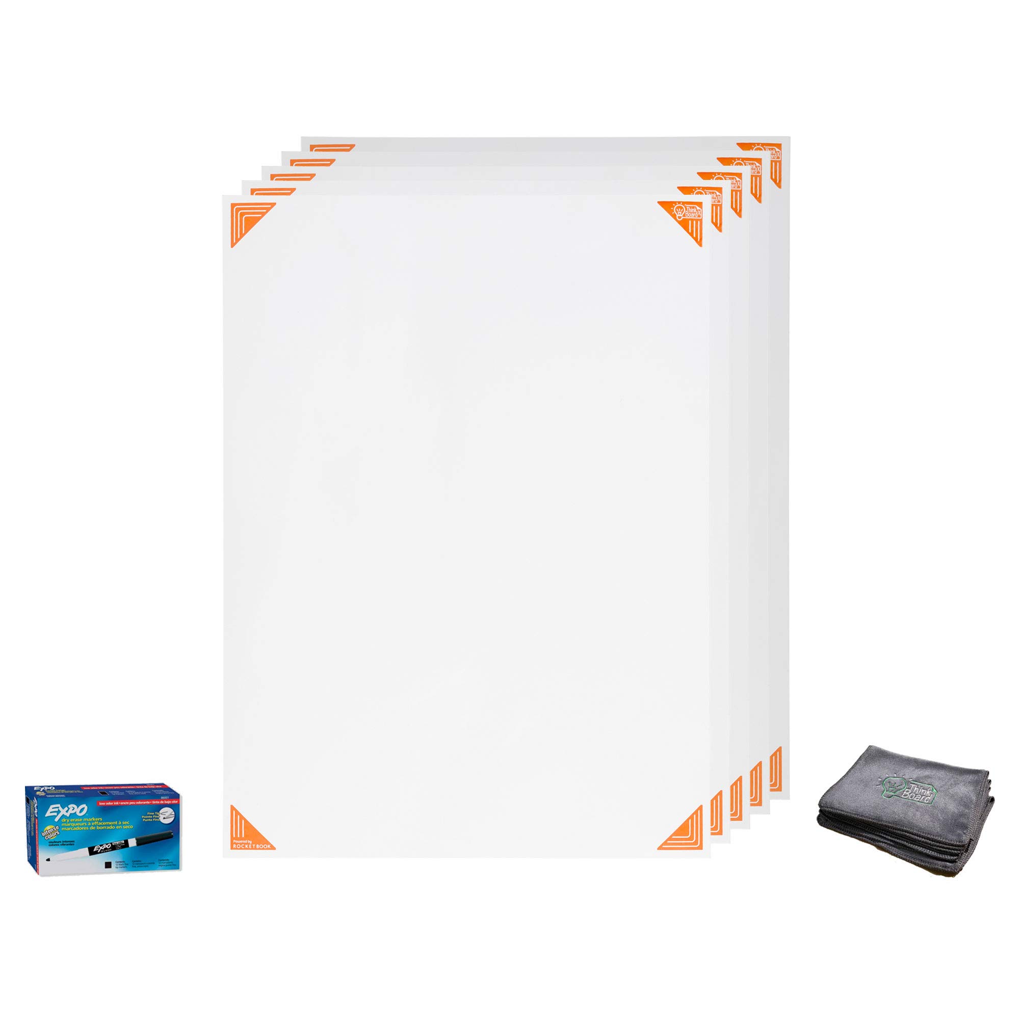 Rocketbook Think Board X Smart Whiteboard Film - Large Class Pack (5 Pack) with 5 Dry Erase Markers & 5 Cleaning Cloths - Reusable Digital Whiteboard for Classroom, Office & Home Use