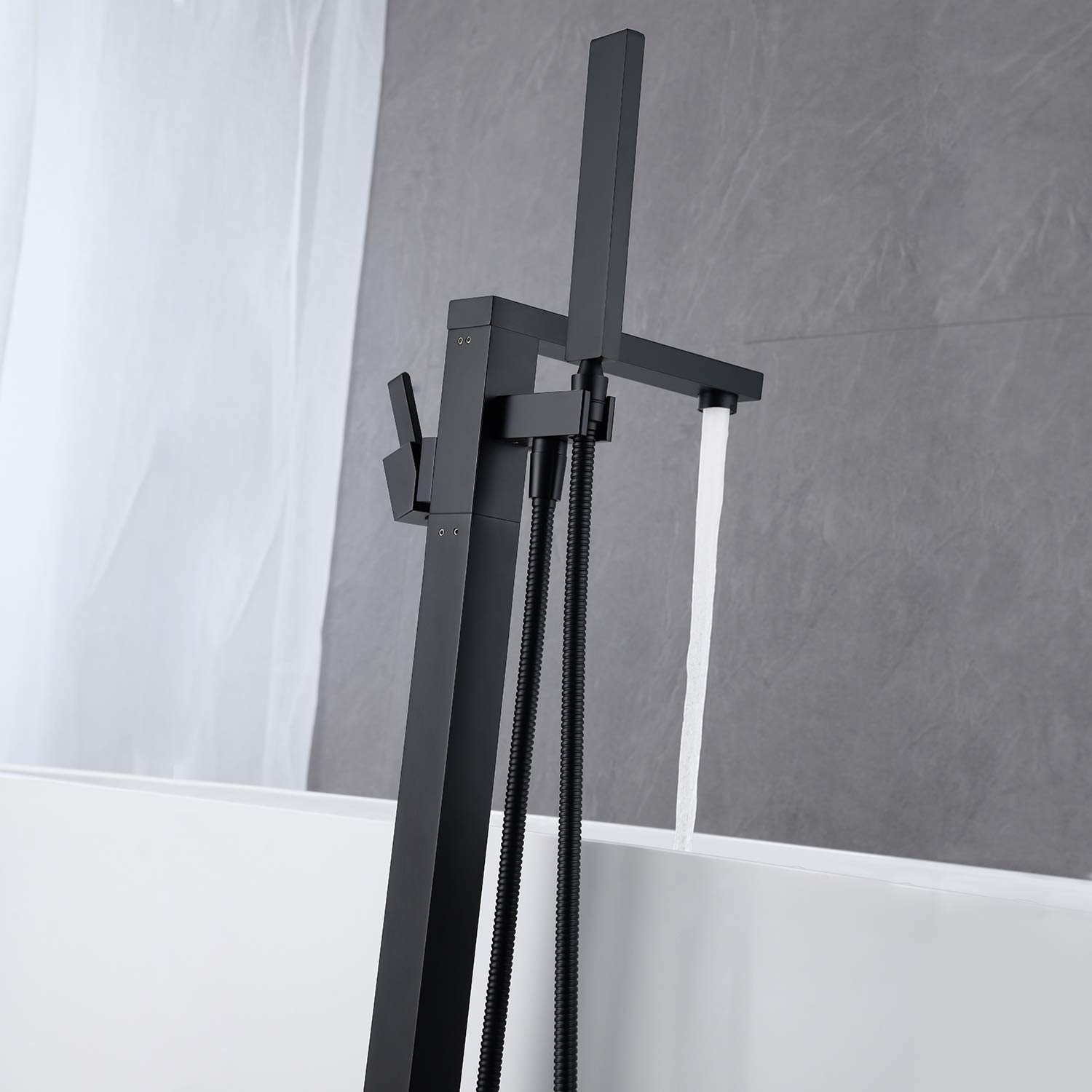 Freestanding Bathtub Faucet - Black Floor Mount Brass Tub Filler with Hand Shower | Single Handle Bathroom Faucet for Modern & Luxury Bathrooms | Perfect for Spa, Master Bath & Freestanding Tubs
