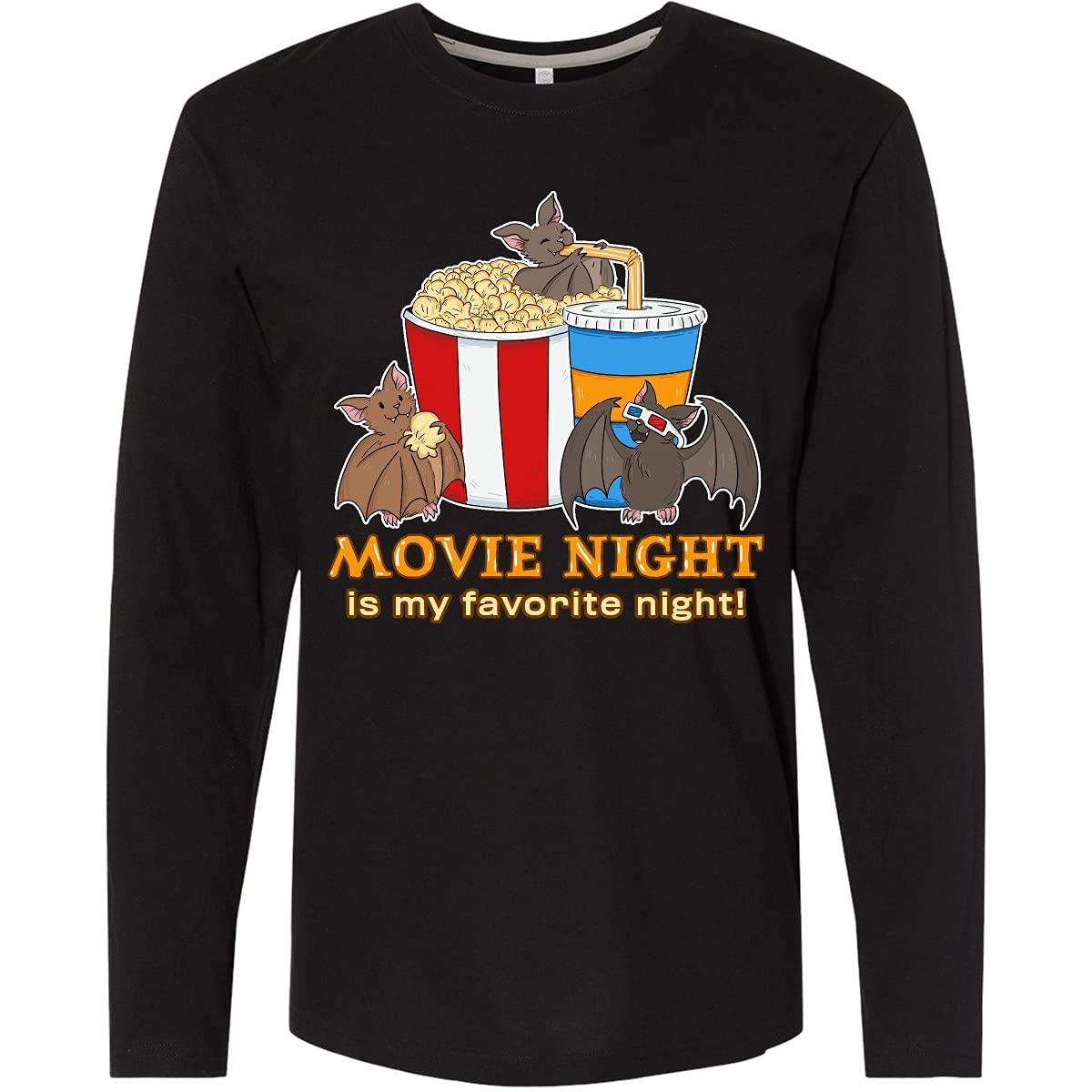 Inktastic Movie Night is My Favorite Night Bats with Popcorn Long Sleeve T-Shirt - Cozy & Fun Film Lover's Tee for Cinema Nights, Halloween, and Bat Enthusiasts
