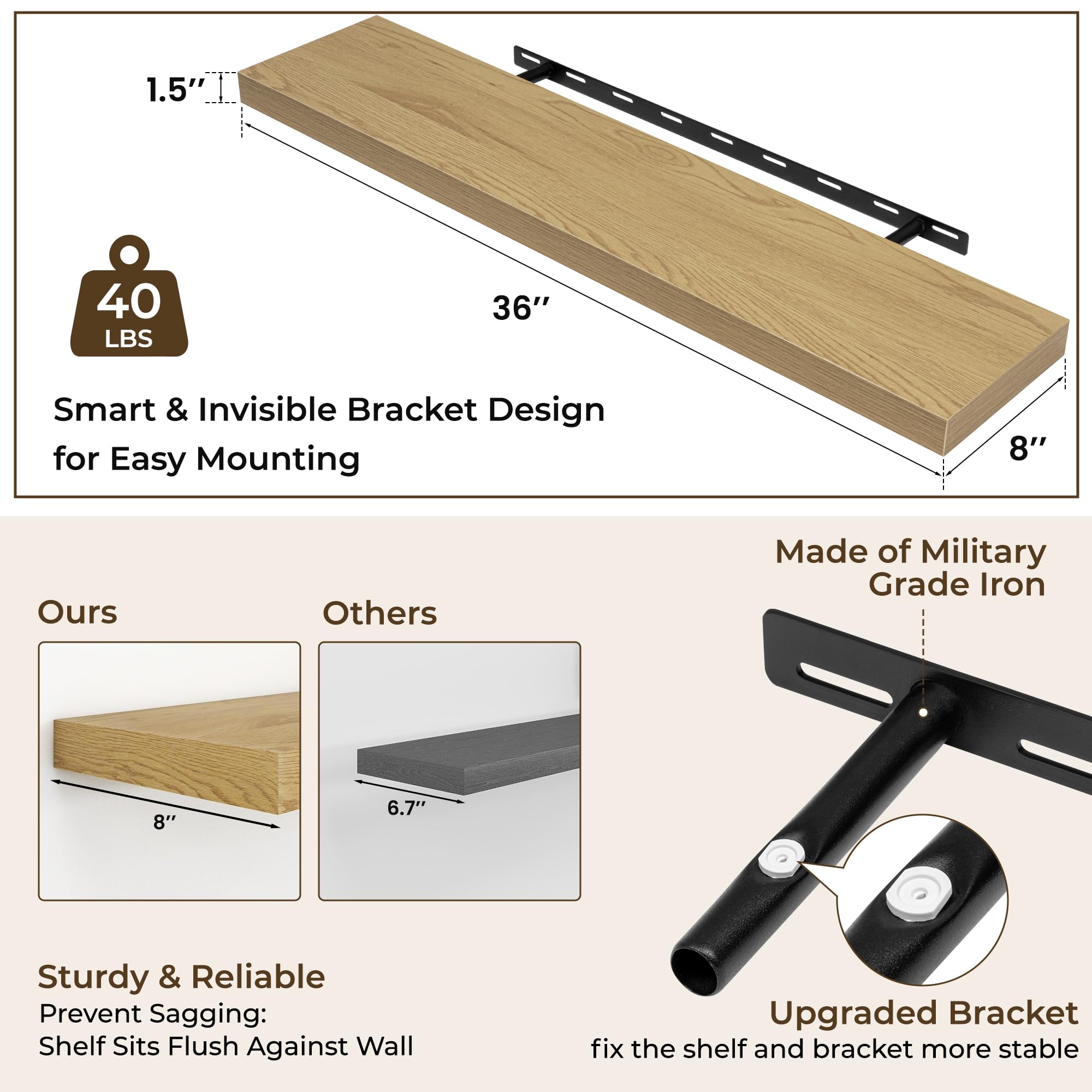 36 Inch Floating Shelves for Wall - 2 Pack Rustic Wood Wall Mounted Shelves with Invisible Brackets for Bedroom, Kitchen, Bathroom - Perfect for Books, Storage & Home Decor (Oak) - Ideal for Small Space Organization & Stylish Display