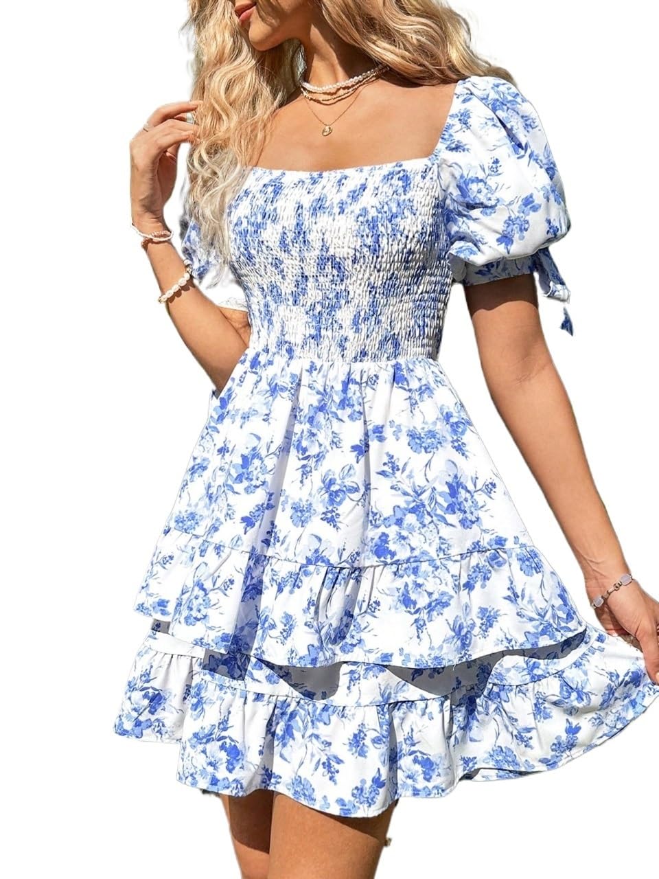 2024 Women's Summer Short Sleeve Square Neck Puff Sleeve Ruffle Hem Dress - Casual Flowy Midi Dress for Beach, Party & Daily Wear