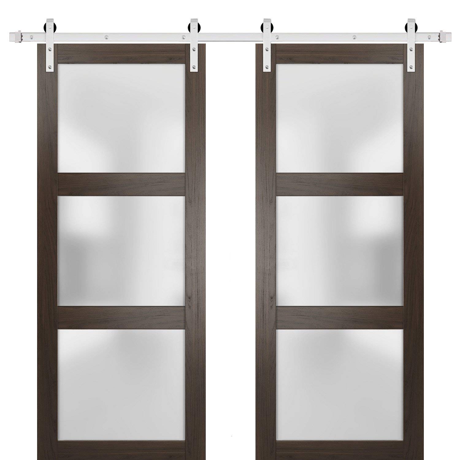 Lucia 2552 Chocolate Ash 56 x 84 Inch Frosted Glass Double Barn Door with 13FT Stainless Steel Rail Hangers - Heavy Duty Solid Panel Interior Sliding Door for Bedroom, Closet, or Farmhouse Style Home