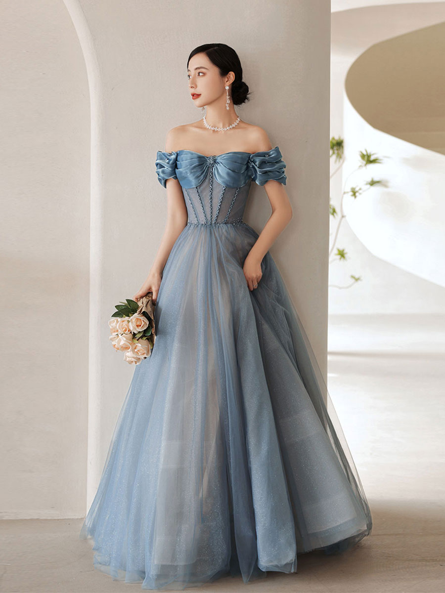Blue Sweetheart Off Shoulder Tulle Long Prom Dress - Elegant Formal Gown for Homecoming, Wedding, and Special Occasions