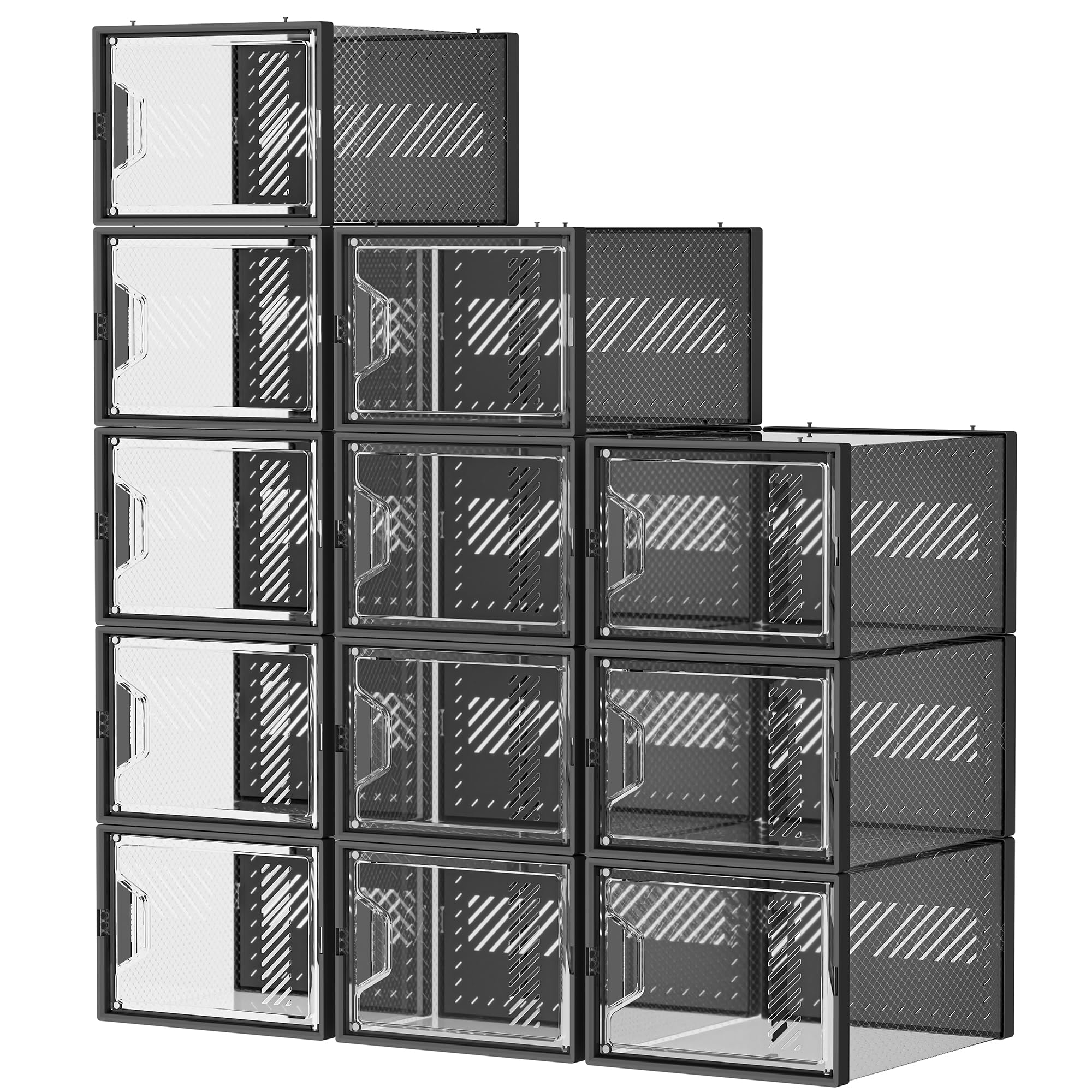 12 Pack X-Large Clear Plastic Stackable Shoe Storage Boxes for Closet - Fits Size 13 Shoes | Perfect for Organizing Sneakers, Boots & Heels in Bedroom, Entryway or Dorm
