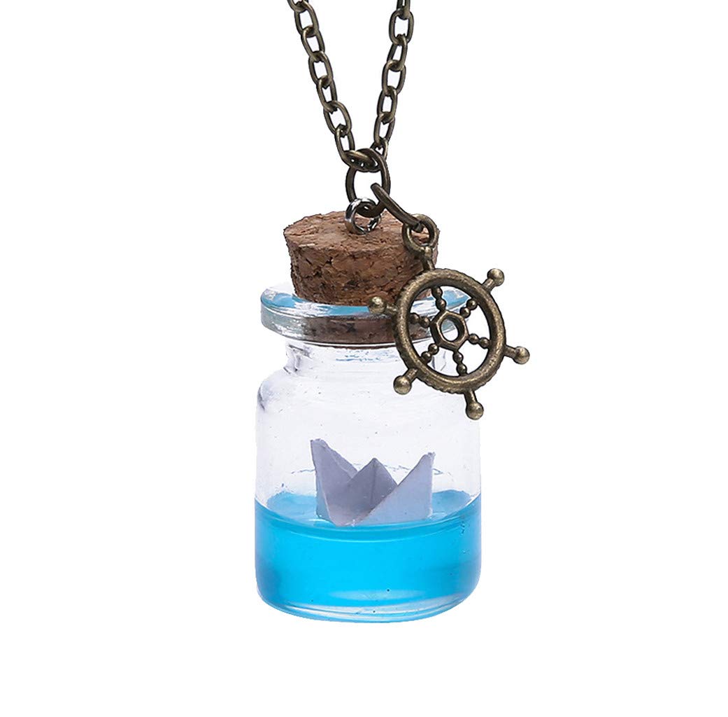 Handmade Glass Bottle Pendant Necklace with Sea Water & Paper Boat - Romantic Beach Wedding Jewelry Gift for Her - Perfect for Ocean Themed Parties, Anniversary Gifts & Boho Fashion Accessories