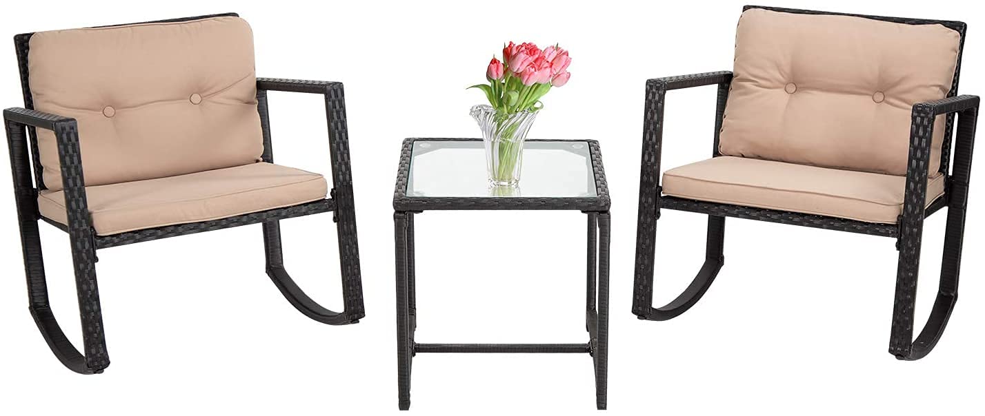 Modern 3-Piece Outdoor Patio Set - Wicker Rocking Bistro Furniture with Coffee Table for Garden, Yard & Balcony | Perfect for Relaxing, Entertaining & Outdoor Dining