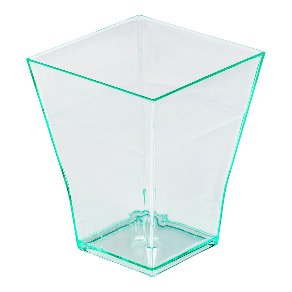 100 Pack 2 oz Square Seagreen Plastic Bonito Cups with 100 Silver Mini Forks - Perfect for Party Appetizers, Sushi Serving, and Small Bite Desserts