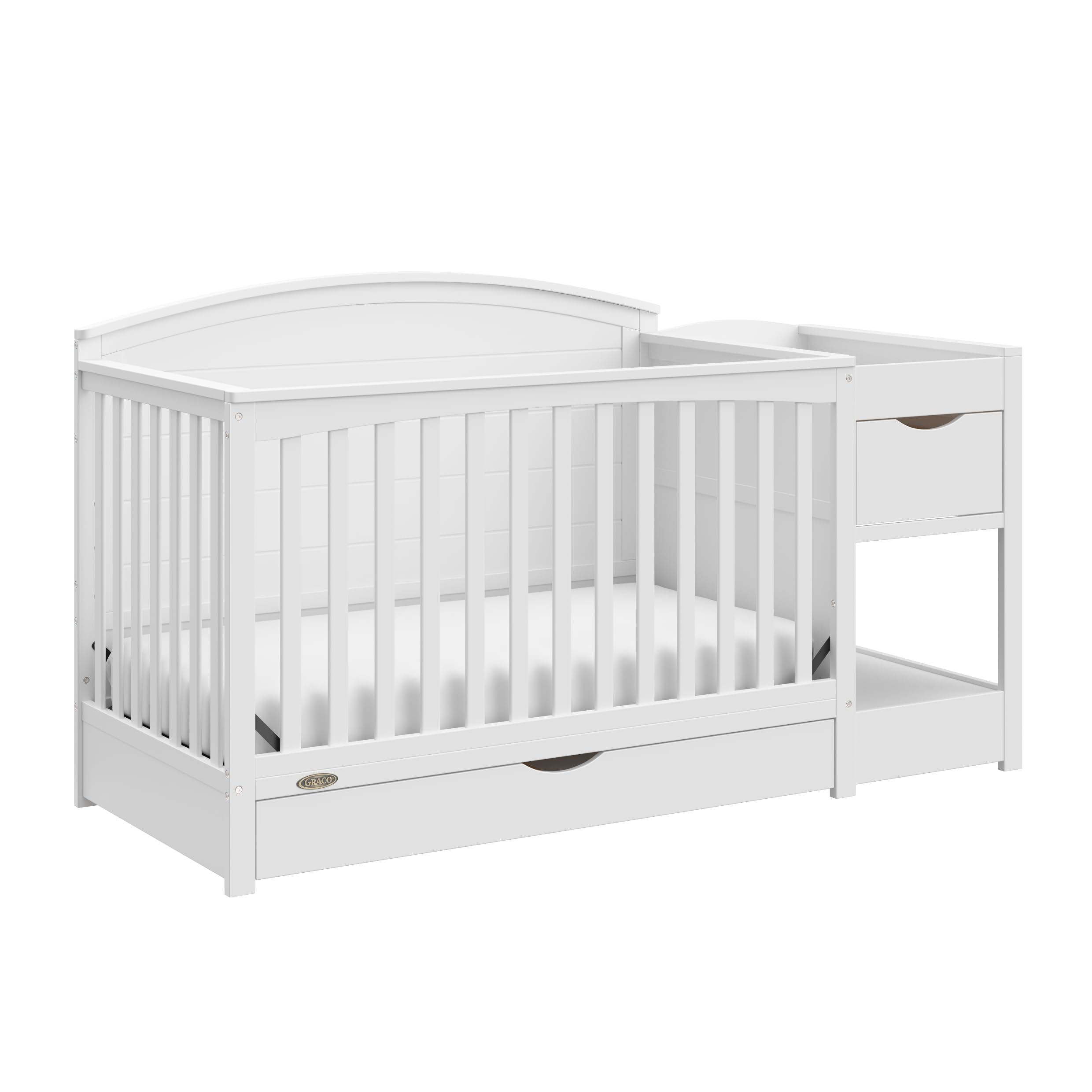 Graco Bellwood 5-in-1 Convertible Baby Crib with Changer & Storage Drawer (White) - GREENGUARD Gold Certified, Converts to Toddler Bed & Full Size Bed | Nursery Furniture for Newborns & Toddlers | Perfect for Baby Rooms & Daycare Centers