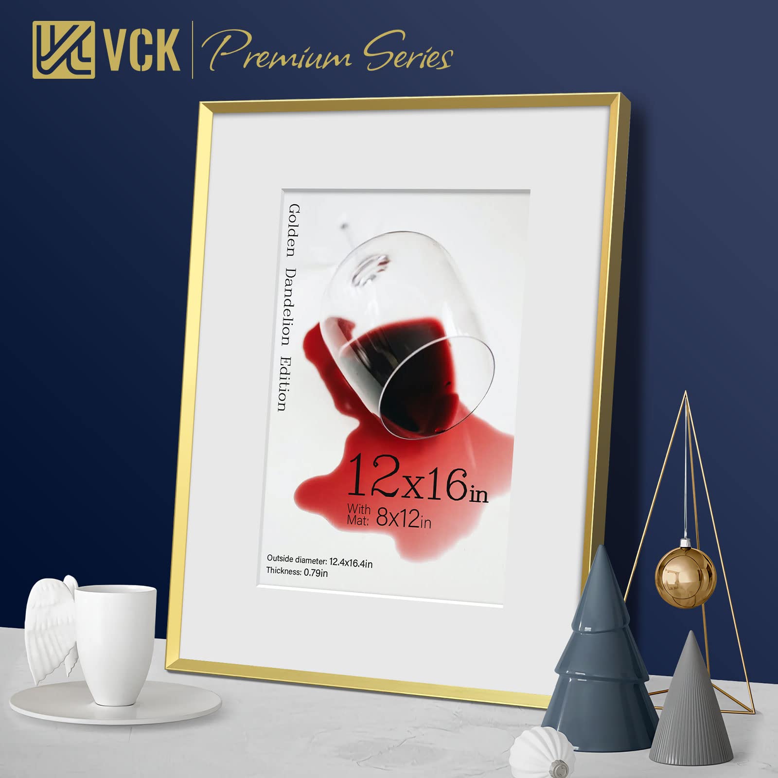 VCK 12x16 Aluminum Picture Frames Set of 3 - Gold Metal Poster Frames with Tempered Glass & Mat (Fits 8x12 or 12x16 Photos) - Elegant Wall Decor for Living Room, Bedroom & Office