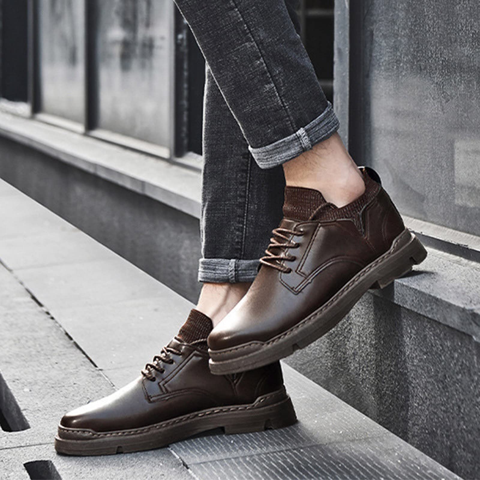 Premium Men's Winter Leather Dress Shoes - Classic Business & Casual Lace-Up Oxfords in Blue & Brown (Sizes 40.5 EU/10 UK) - Waterproof Office Shoes for Formal Wear & Winter Commuting