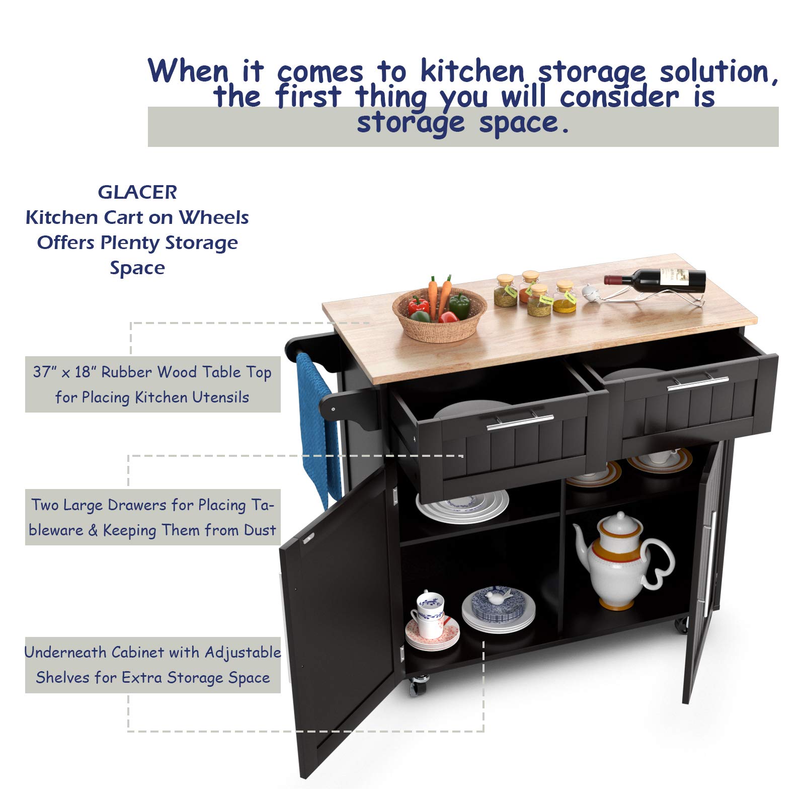 GLACER Mobile Kitchen Island Cart with Rubber Wood Top, Side Handle, Large Drawers & 2-Door Cabinet - 37 x 18 x 37 Inches, Brown | Rolling Kitchen Organizer for Small Spaces, Dining Room & Apartment Cooking