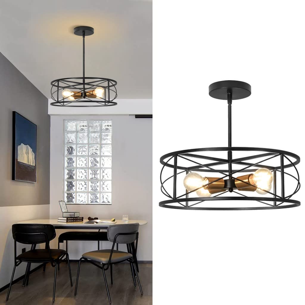 DLLT 4-Light Black Round Pendant Lighting Fixture - 18 Inch Industrial Metal Drum Cage Chandelier - Farmhouse Hanging Light for Dining Room Kitchen Living Room Bedroom Hallway - Perfect for Rustic Home Decor & Modern Interior Design