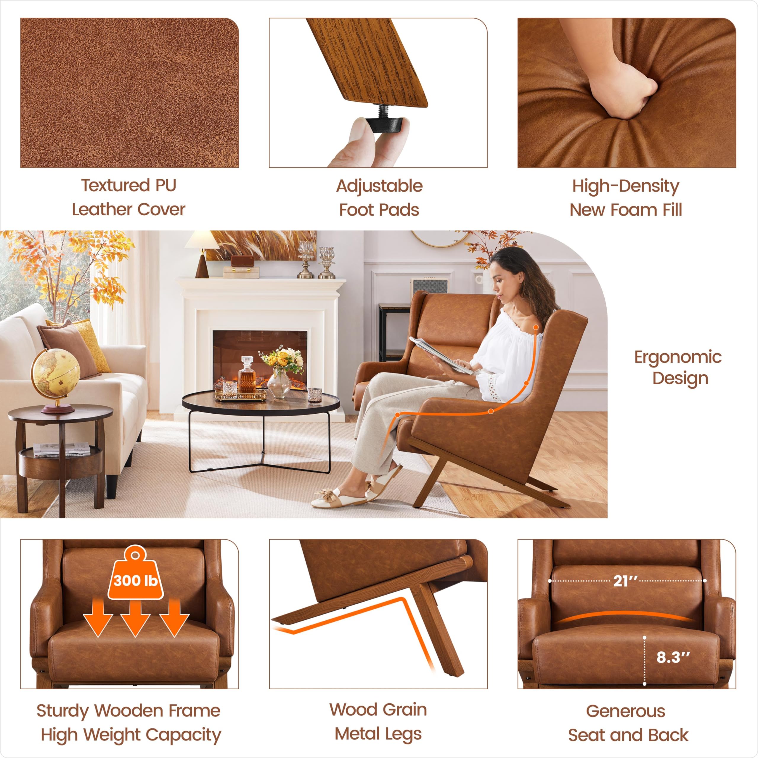 Yaheetech Oversized Brown PU Leather Accent Chair - High Wide Backrest, Thick Seat Cushion Recliner Armchair for Home Office, Living Room, Reception Area & Reading Nook - Comfortable Lounge Chair for Relaxing & Working