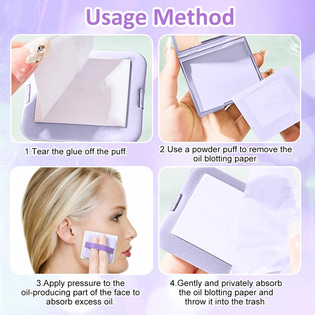MAYCREATE® Oil Absorbing Blotting Papers for Oily Skin - 200 Count Natural Linen Facial Blotting Sheets with Built-in Mirror & Powder Puff | Matte Finish Makeup | On-the-Go Shine Control (Lavender Scented) - Perfect for Gym, Office & Travel Touch-Ups