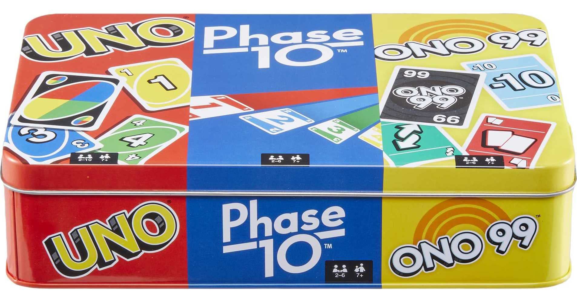 Mattel Games Set of 3 Classic Card Games - UNO, Phase 10 & ONO 99 - Family Travel Games for Kids & Adults with Storage Tin Box (Amazon Exclusive) | Perfect for Family Game Night, Road Trips & Parties