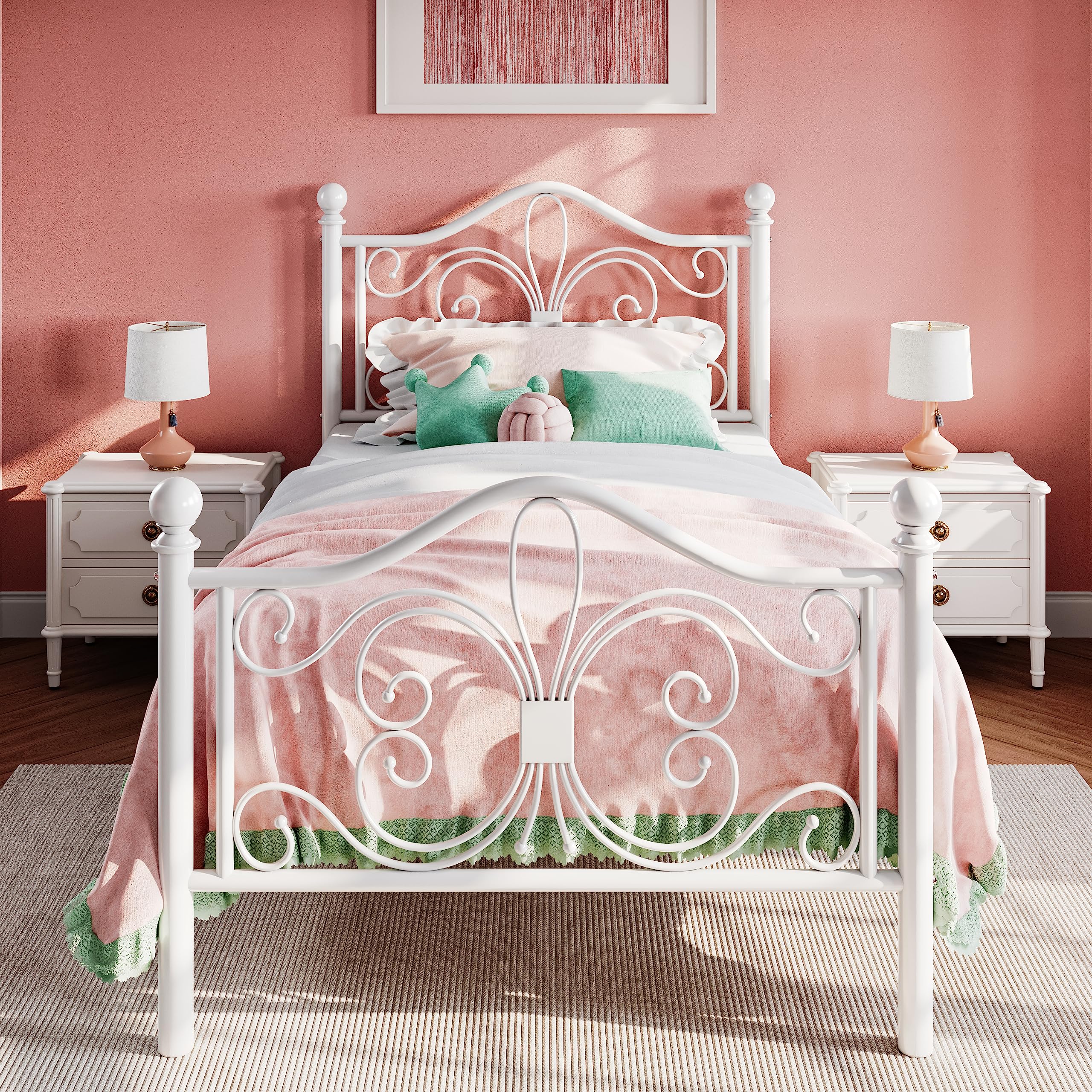 SHA CERLIN Twin Size Metal Bed Frame for Kids - Butterfly Pattern Headboard & Footboard, No Box Spring Required, Easy Assembly, White - Perfect for Children's Bedrooms, Guest Rooms & Small Spaces