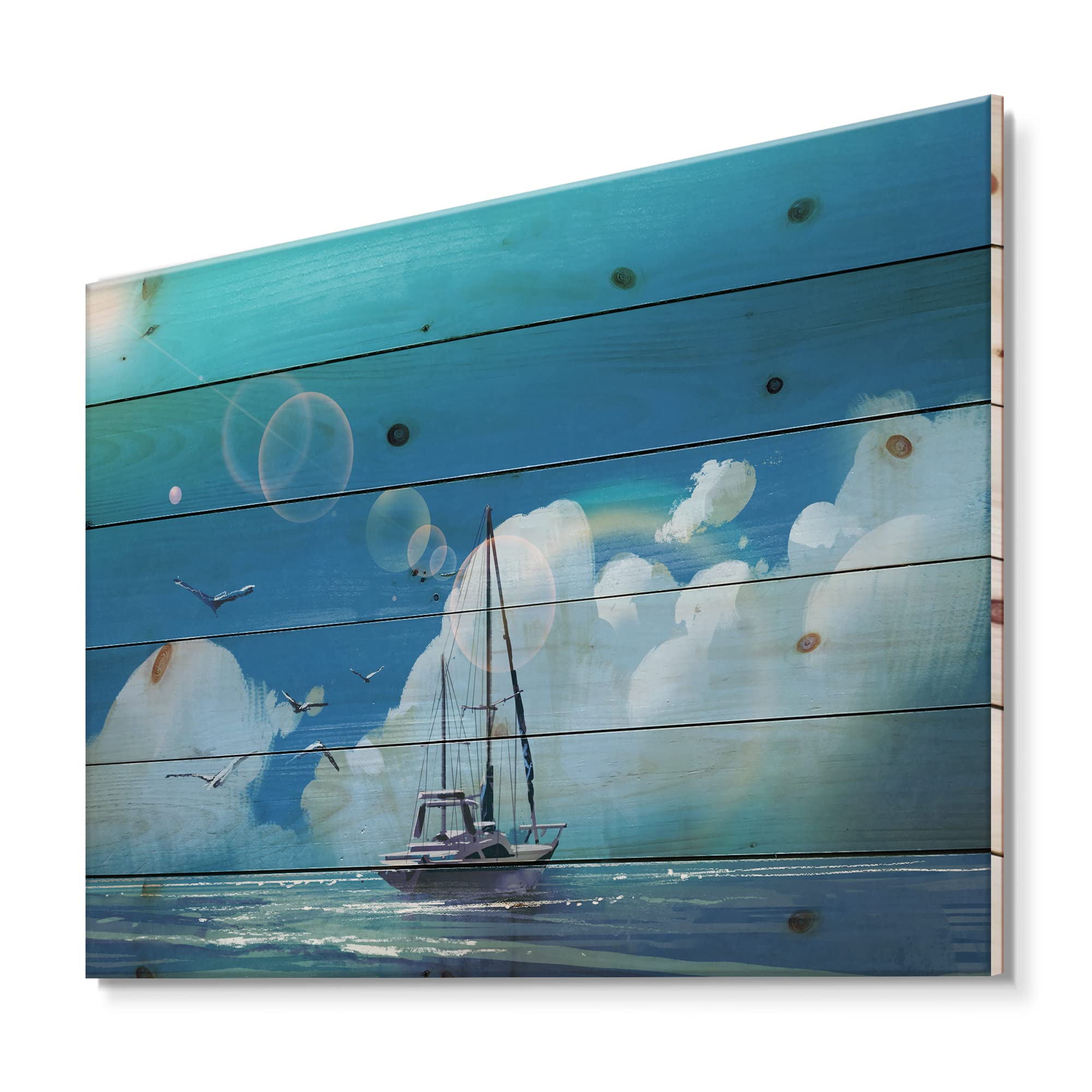 Nautical Sailboat Wood Wall Art - Blue Sea & Summer Sky Coastal Decor, Large Landscape Pine Wood Panel Print for Living Room, Bedroom, or Office