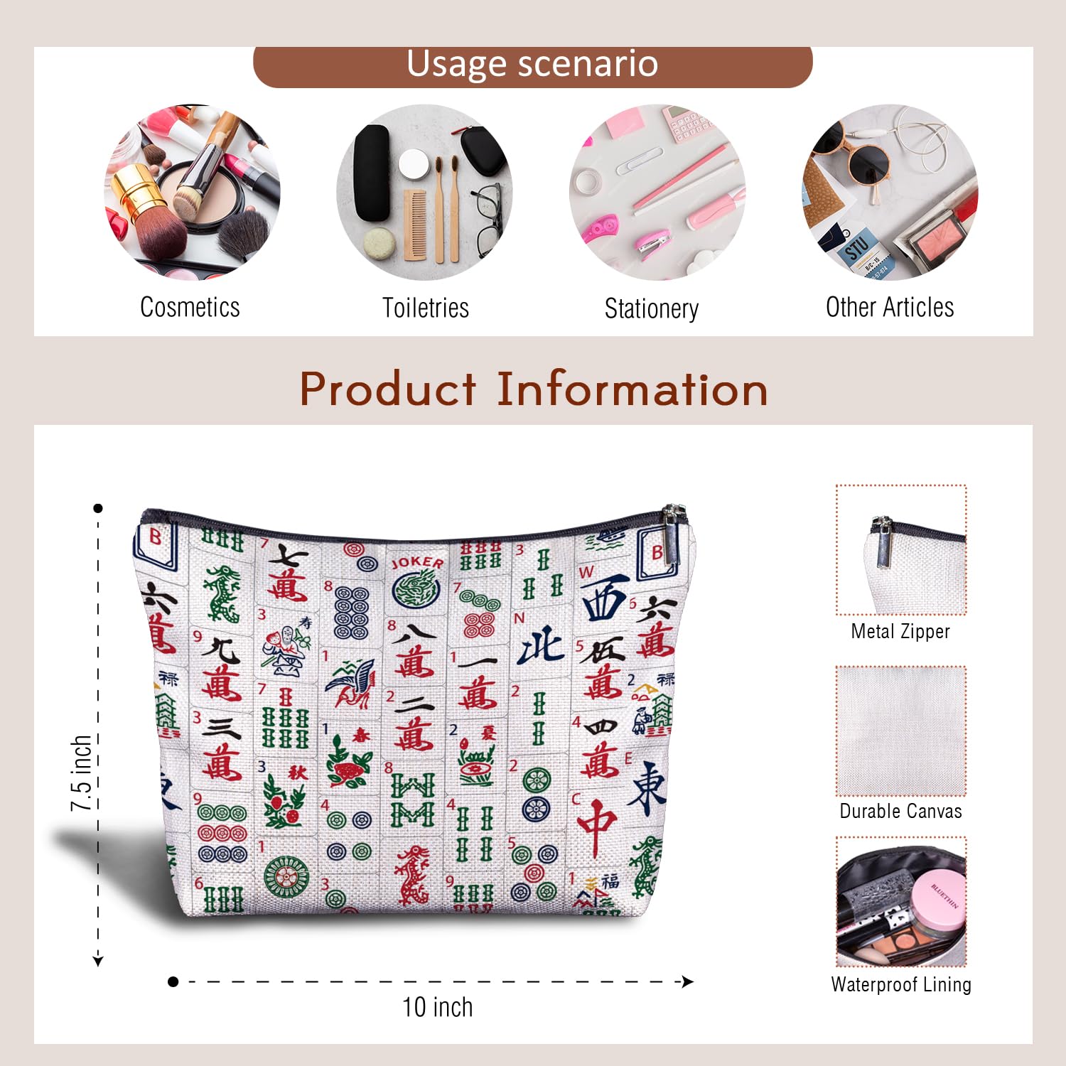 Chinese Mahjong Tile Makeup Bag for Women - Mahjong Themed Cosmetic & Toiletry Pouch - Perfect Gift for Mahjong Players & Lovers - Great for Travel, Parties & Game Nights