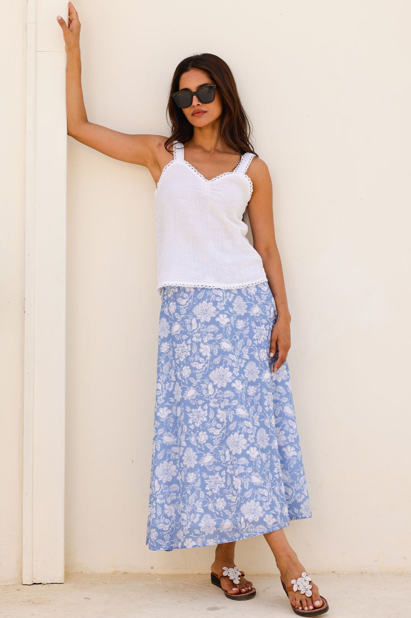 Neve Skirt - Floral Print Blue and White Midi Skirt for Women | Perfect for Spring, Summer, Beach Vacations & Casual Outings