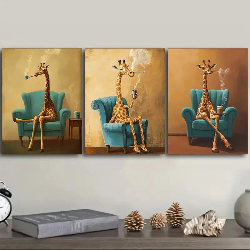 3-Piece Giraffe on Chair Wall Art Set - Framed Canvas Prints 40x60cm (16x24in) - High Quality Australian Made Wall Decor for Living Room, Bedroom & Office