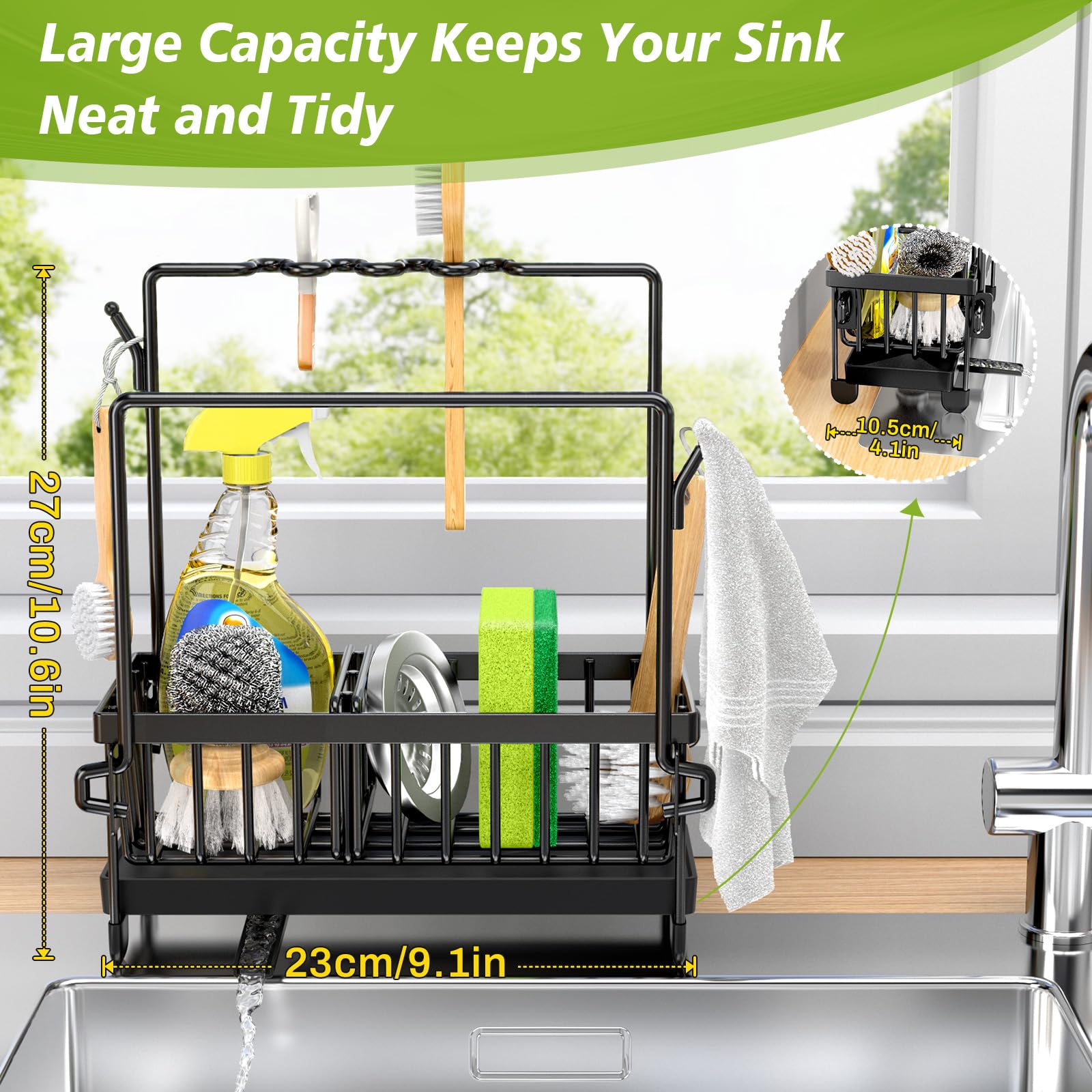 Stainless Steel Kitchen Sink Organizer with Removable Drain Tray & Sponge Holder - Adjustable Partitions, Dishcloth Hanger & Brush Drainer - Perfect for Small Kitchen Organization & Sink Storage (Black) - Ideal for Apartment, RV, and Compact Kitchen Spaces