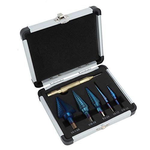 High-Speed Steel Step Drill Bit Set - 5pcs Blue Coated Cone Drill Bits with Automatic Center Punch for Metal, Wood, Plastic - Perfect for Sheet Metal, HVAC, Electrical Work & DIY Projects