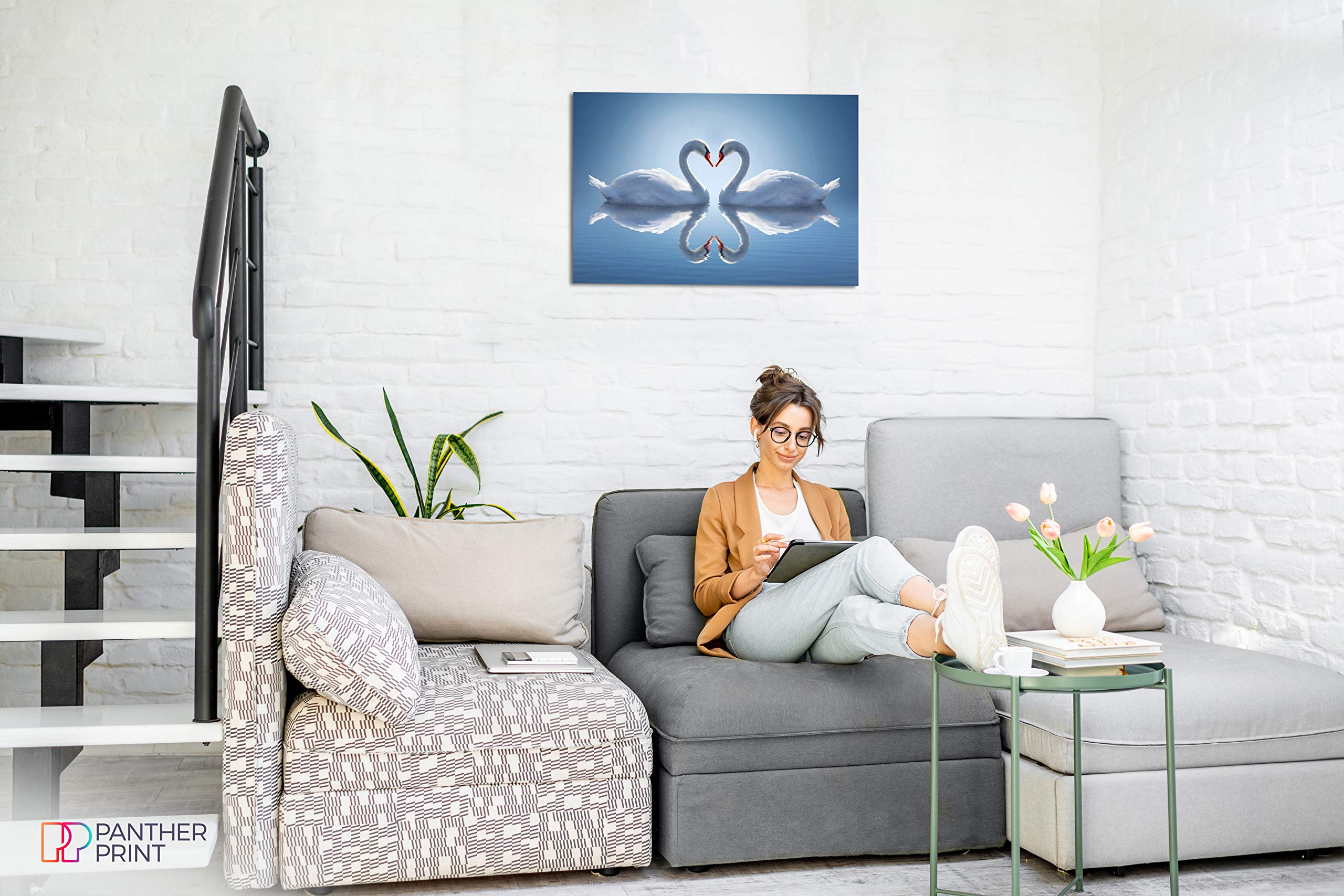 Panther Print Framed Canvas Wall Art - Blue Swan Heart Reflection Painting for Bedroom & Living Room Decor - 30x20 Inch Modern Home Accessories - Perfect for Weddings, Anniversaries & Special Occasions