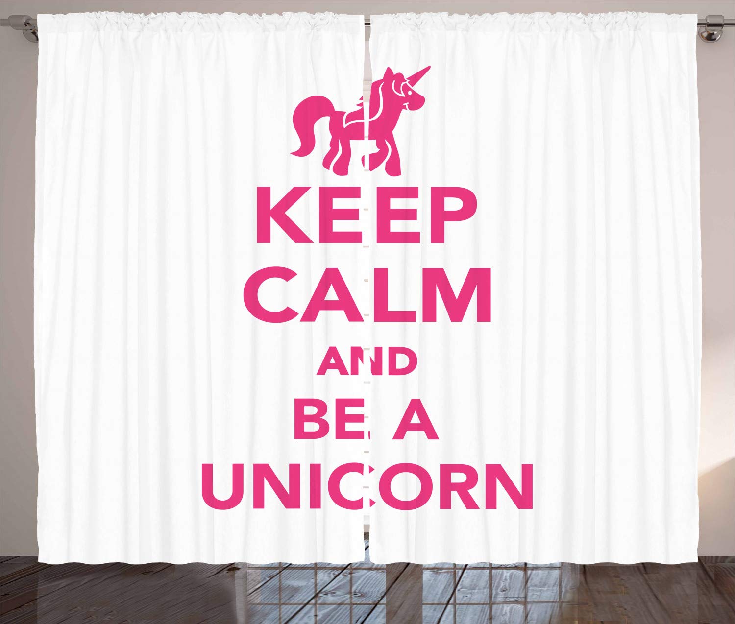Ambesonne Keep Calm and Be a Unicorn Curtains - Pink and White Mythological Pony Animal Print Window Drapes, 2 Panel Set for Living Room & Bedroom, 108