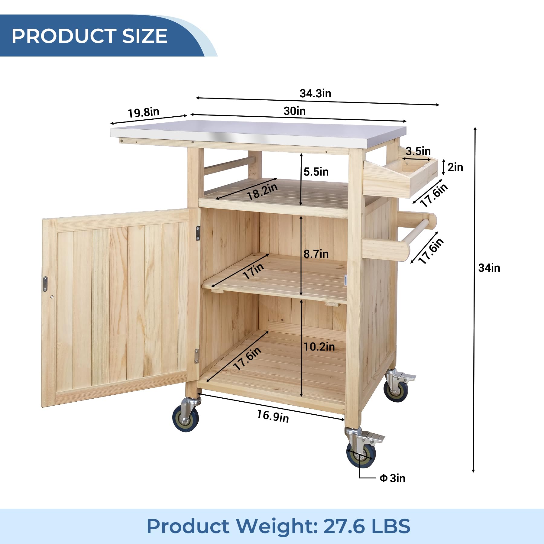 Portable Outdoor Grill Table with Storage Cabinet - Solid Wood BBQ Cart with Wheels & Stainless Steel Top | Perfect for Backyard, Patio, Camping and Tailgating Parties
