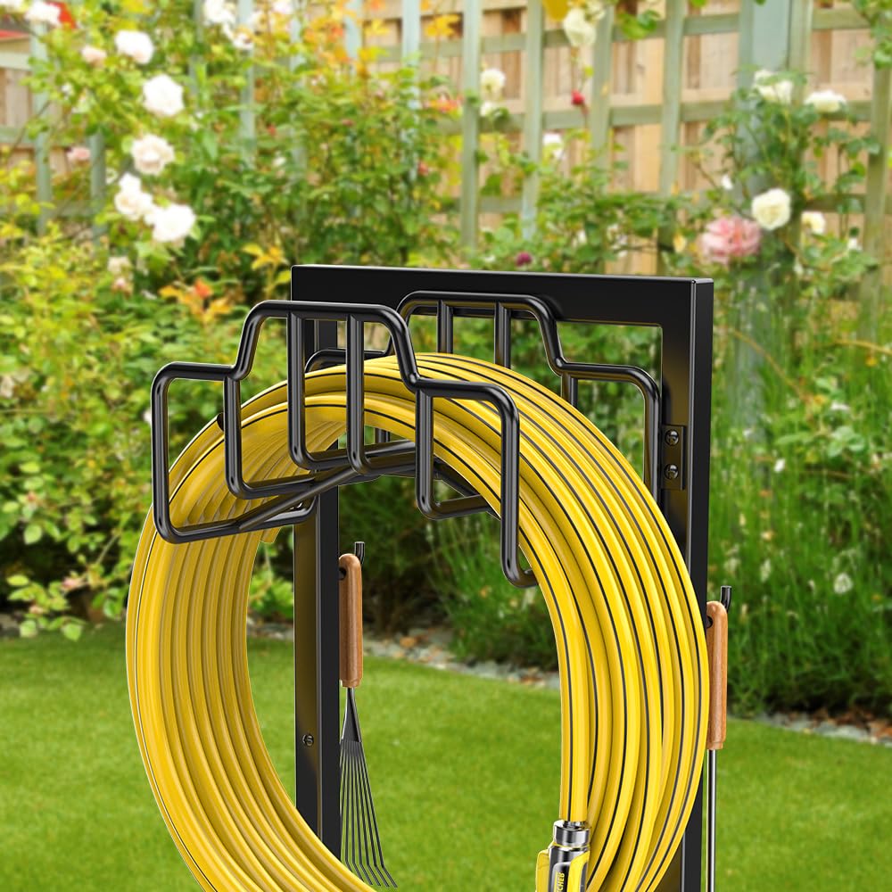 Heavy Duty Free Standing Metal Garden Hose Reel Holder - Detachable Black Hose Hanger Organizer for Outdoor Watering, Lawn Care & Yard Maintenance