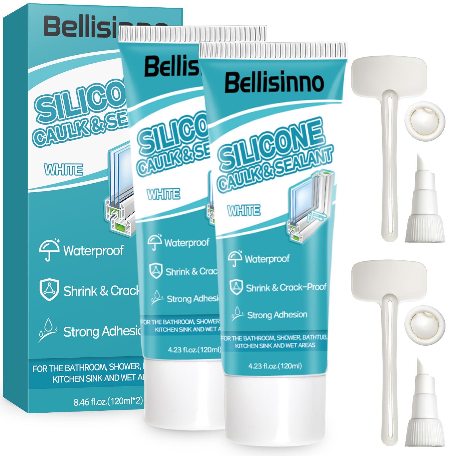 Premium White Silicone Caulk - Waterproof, Shrink & Crack Proof Sealant for Showers, Bathrooms, Bathtubs, Kitchens & Sinks - 8.46 fl.oz (120ml x 2) - Perfect for Sealing Gaps, Waterproofing & Home Repairs