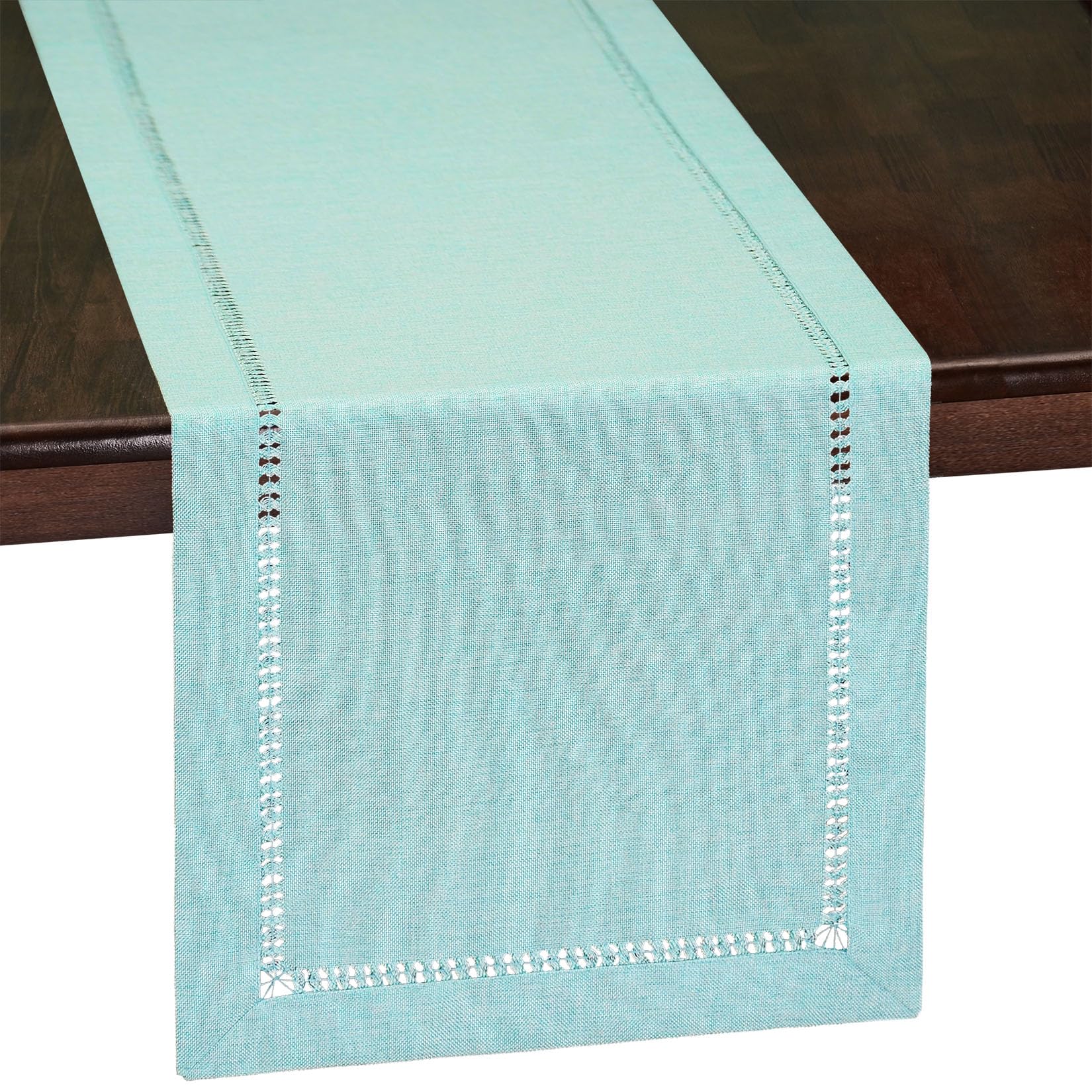 Grelucgo Handcrafted Solid Color Dining Table Runner - Double-Hemstitched Dresser Scarf (Aqua, 14 x 72 inches) | Elegant Table Decor for Weddings, Parties & Home Dining