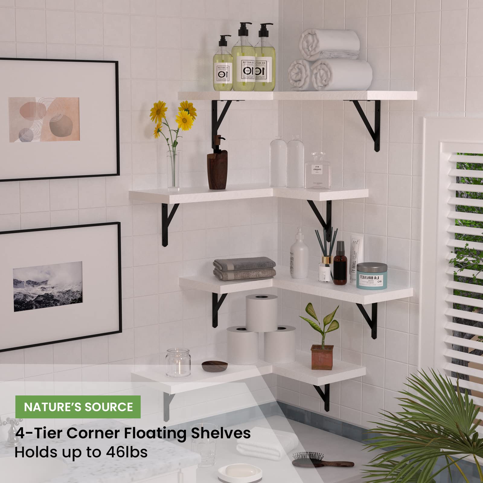 NATURE'S SOURCE Floating Corner Shelves Set of 4 - Wall Mounted Modern White Shelves for Bedroom, Kitchen, Bathroom & Office - Space Saving Storage Solution for Home Decor & Organization